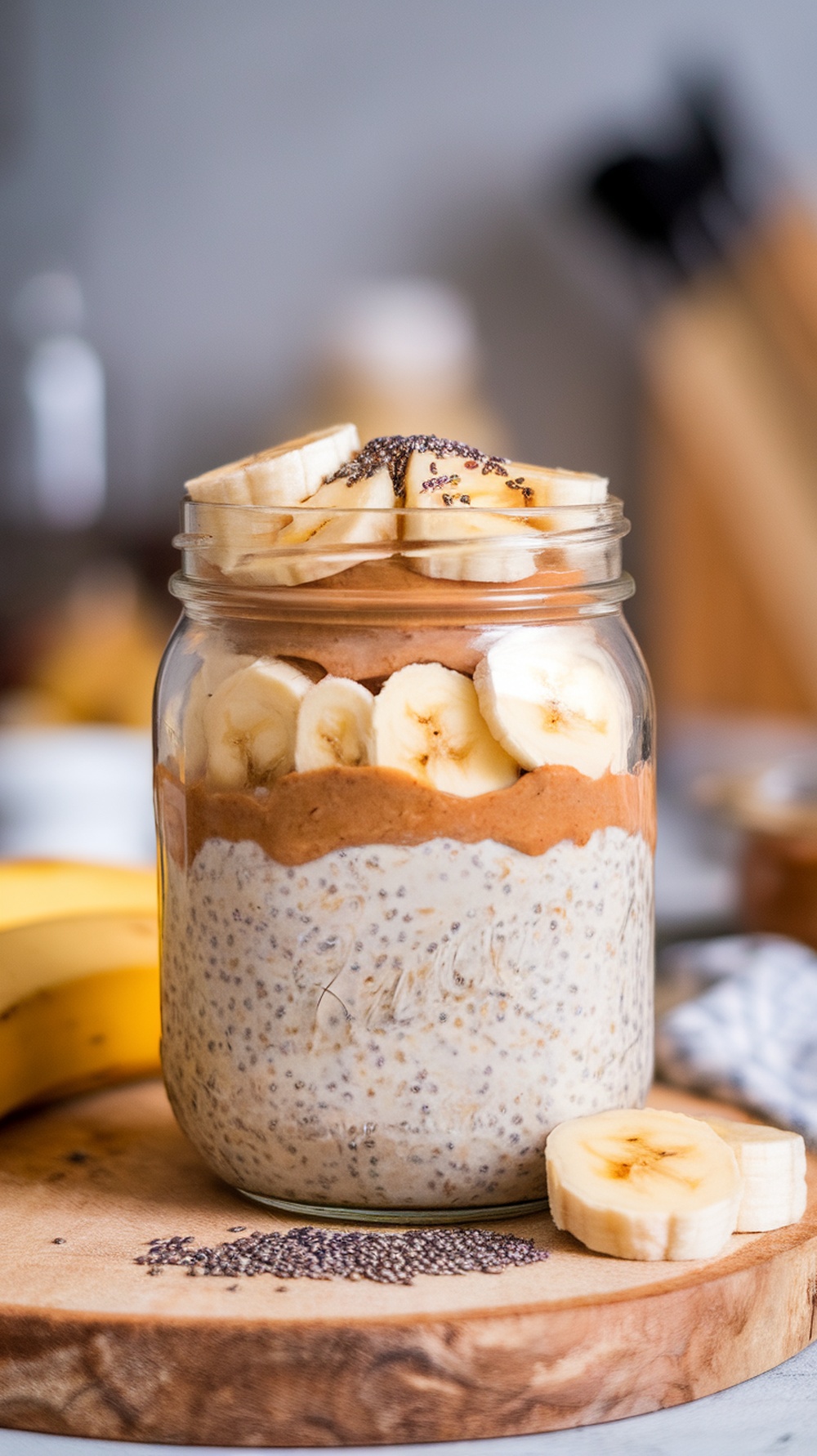 A jar of overnight oats with almond butter, banana slices, and chia seeds on a wooden surface.