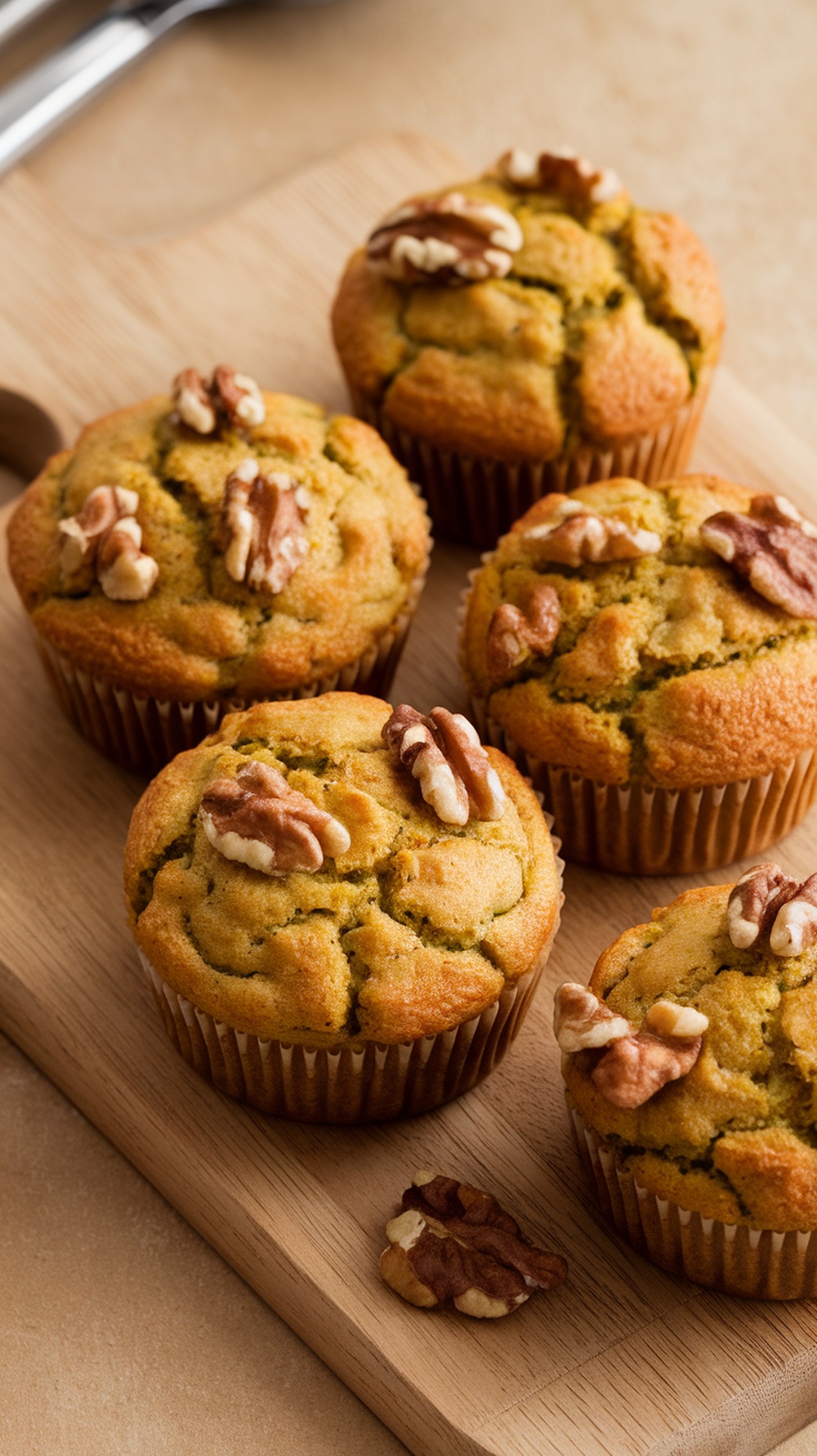Freshly baked zucchini muffins with walnuts on a wooden board