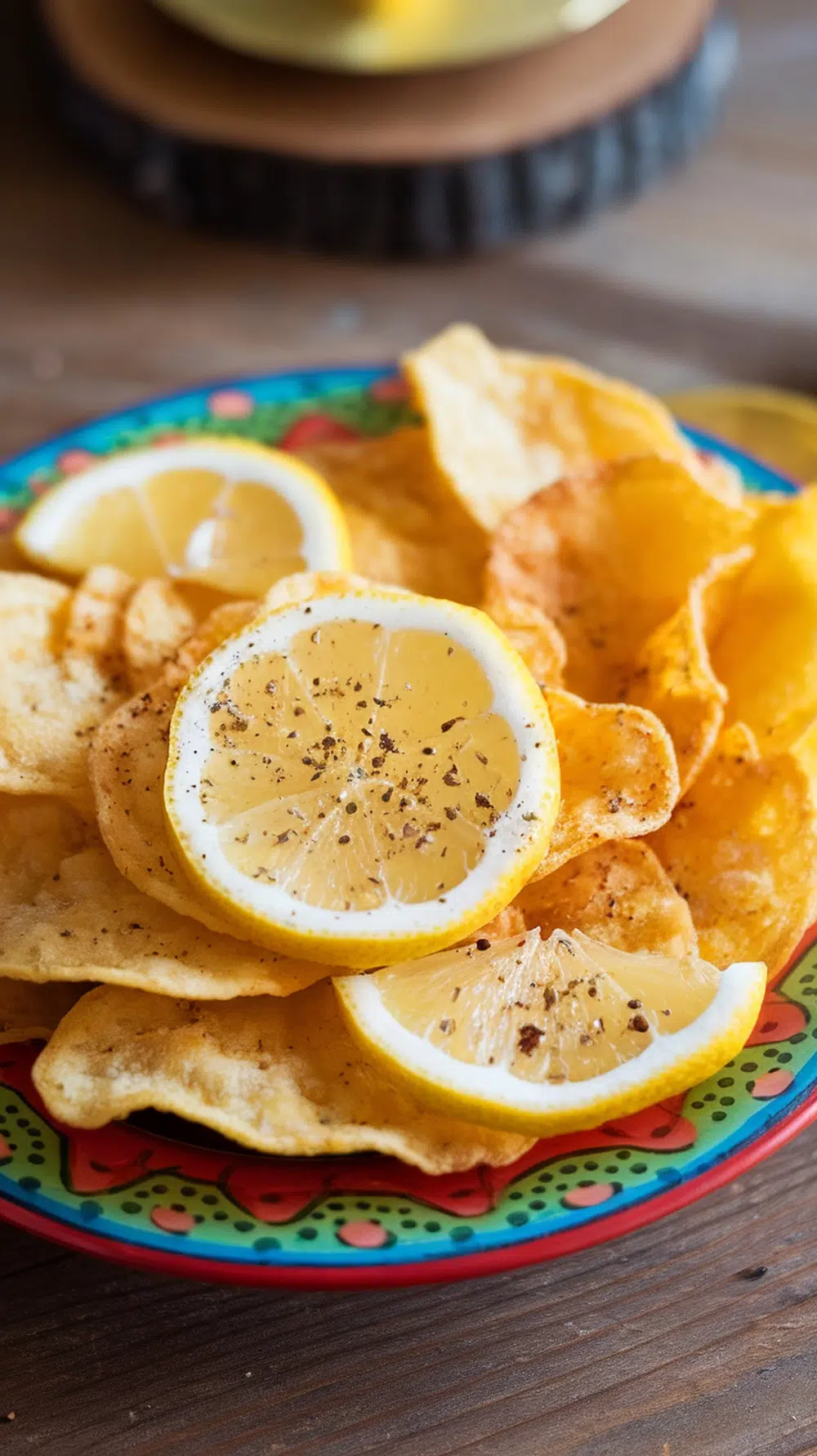 A colorful plate of zesty lemon pepper pickle chips with lemon slices on top.