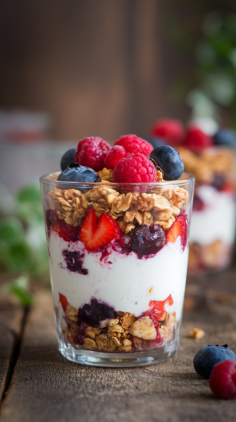 A delicious Greek yogurt parfait layered with berries and granola in a clear glass.