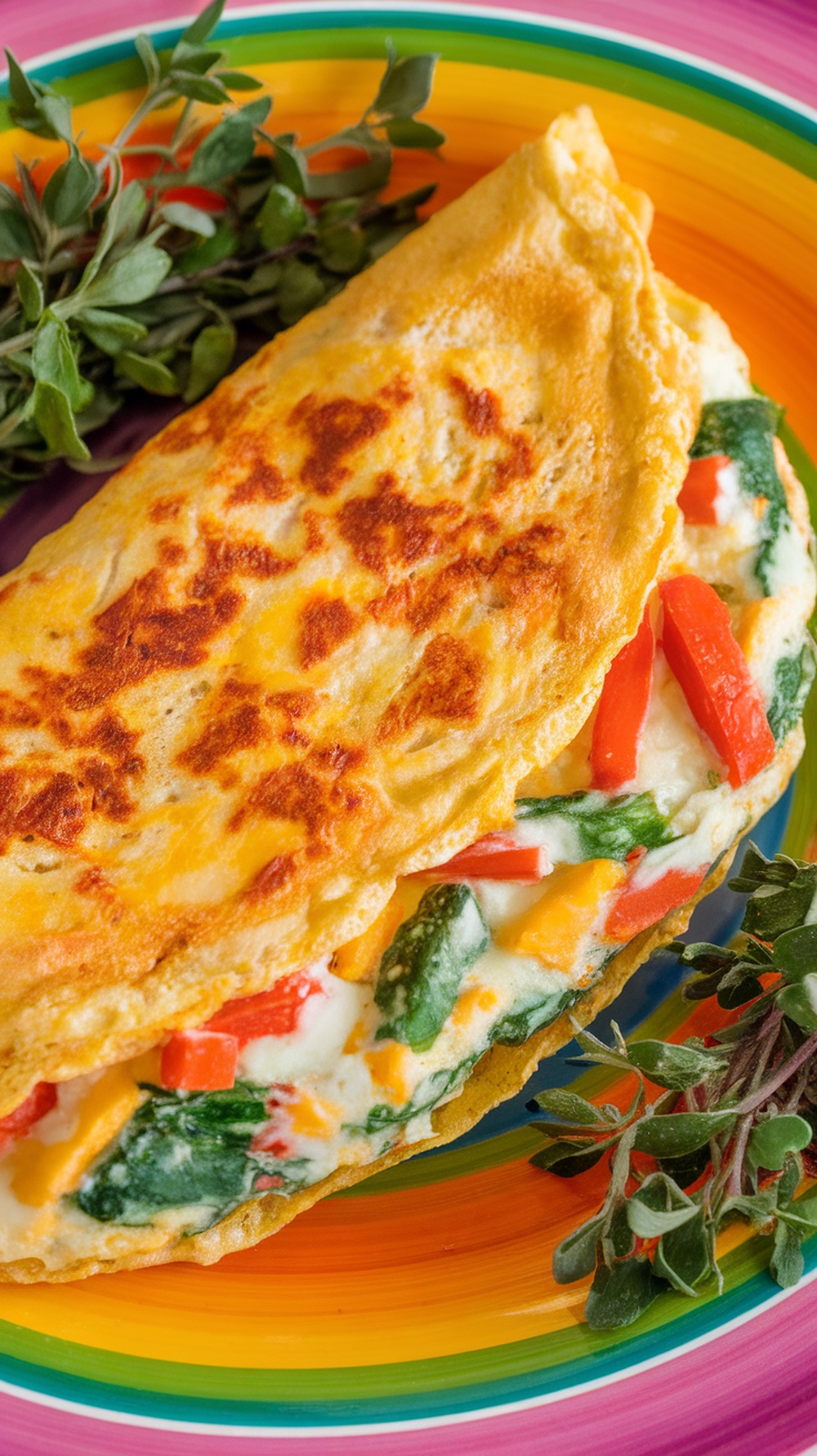 A colorful vegetable omelette with cheese on a vibrant plate, featuring spinach and red bell peppers.