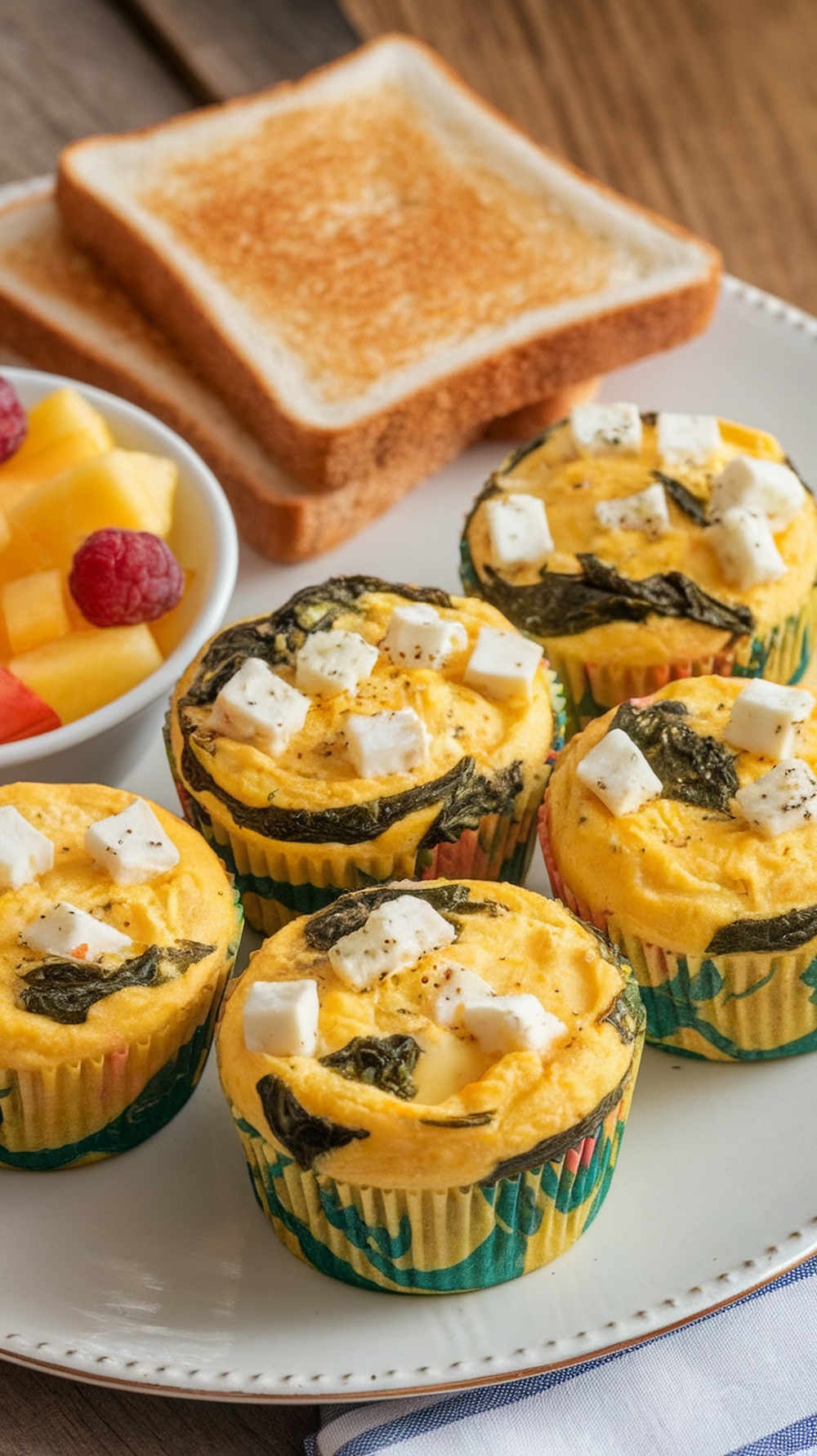 Egg muffins with spinach and feta on a plate with toast and fruit.