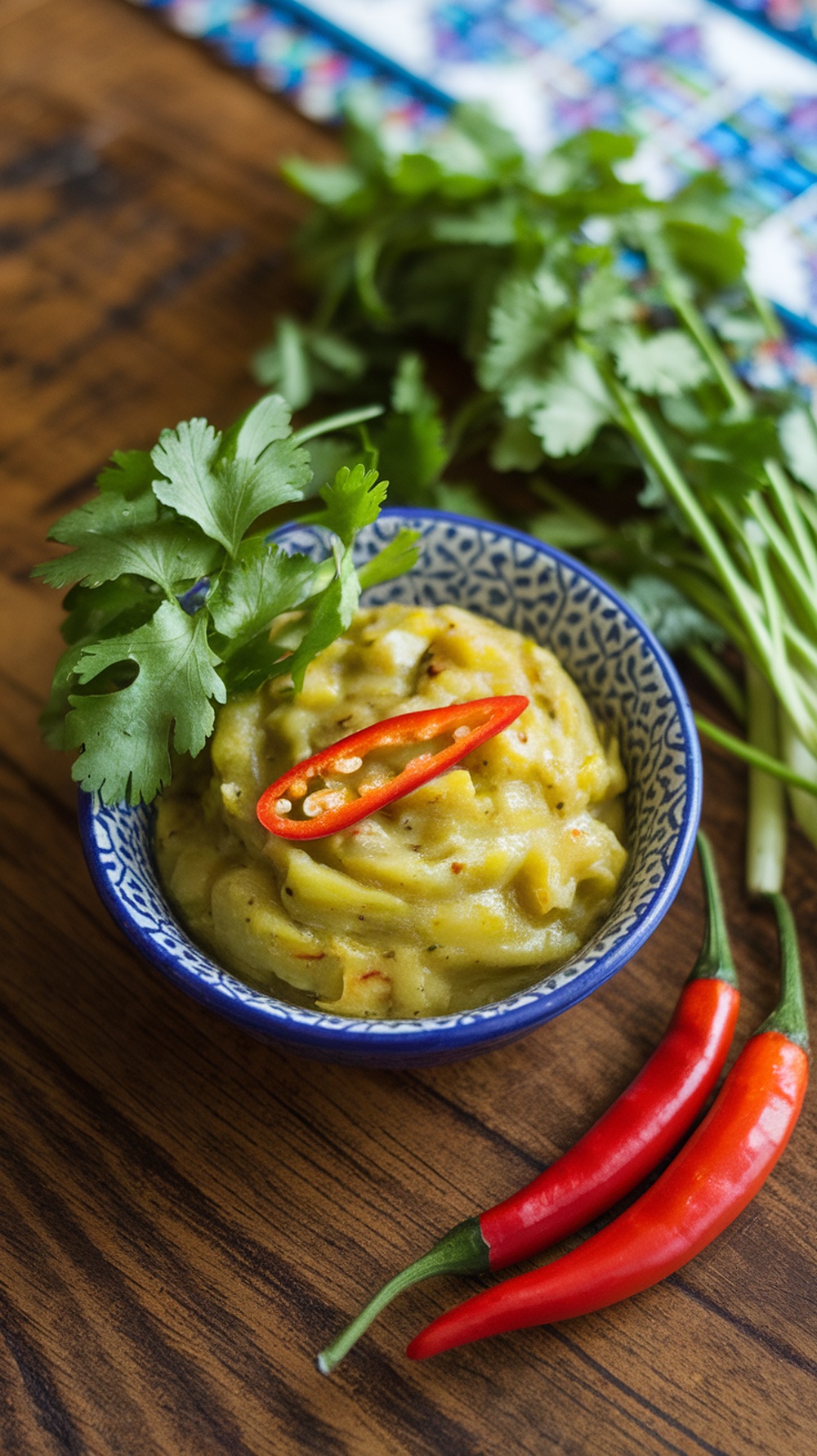 A bowl of Thai Spicy Green Mango Relish garnished with cilantro and a slice of red chili, with fresh herbs in the background.