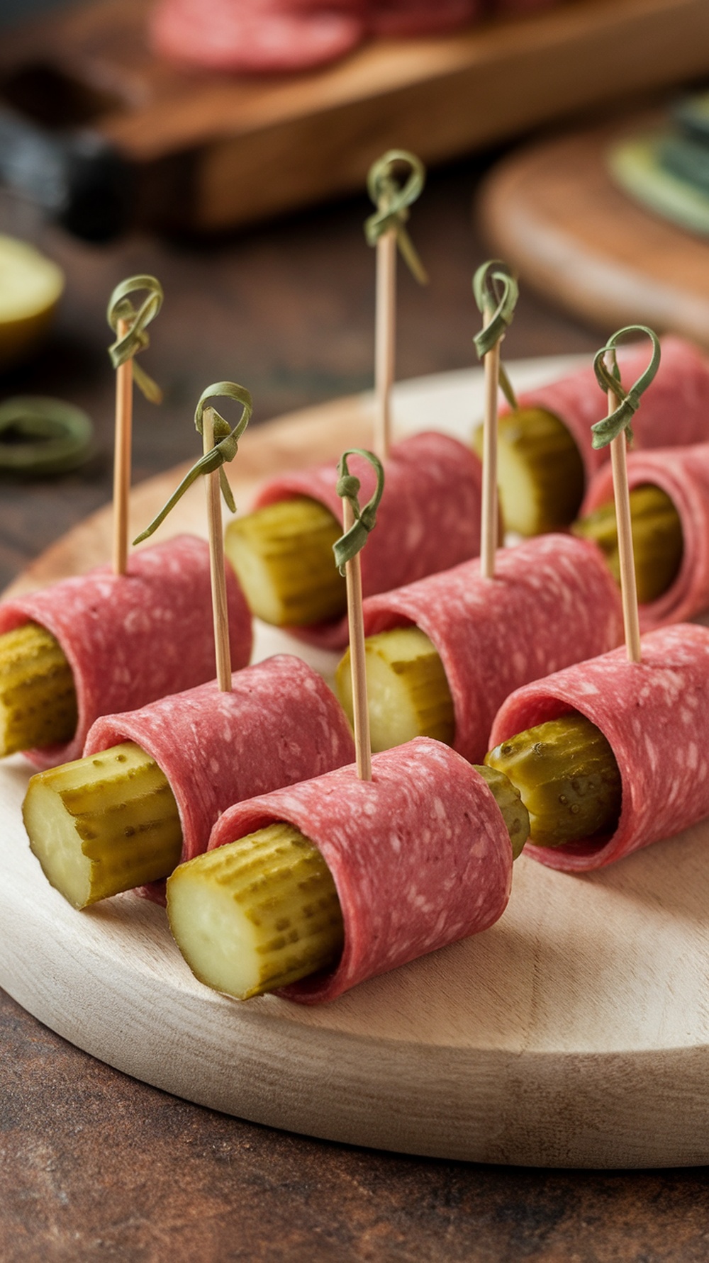 A plate of pickle and salami roll-ups secured with toothpicks.