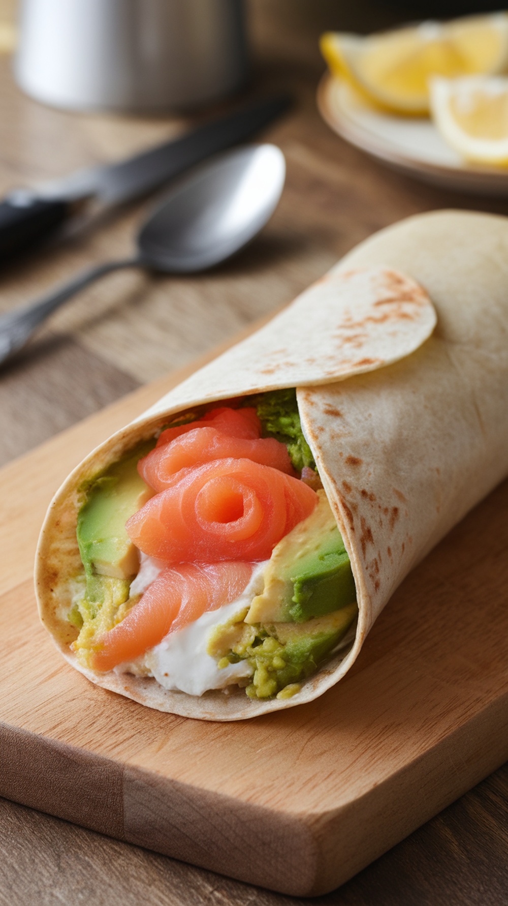 Smoked salmon and avocado burrito wrapped in a tortilla, placed on a wooden cutting board.