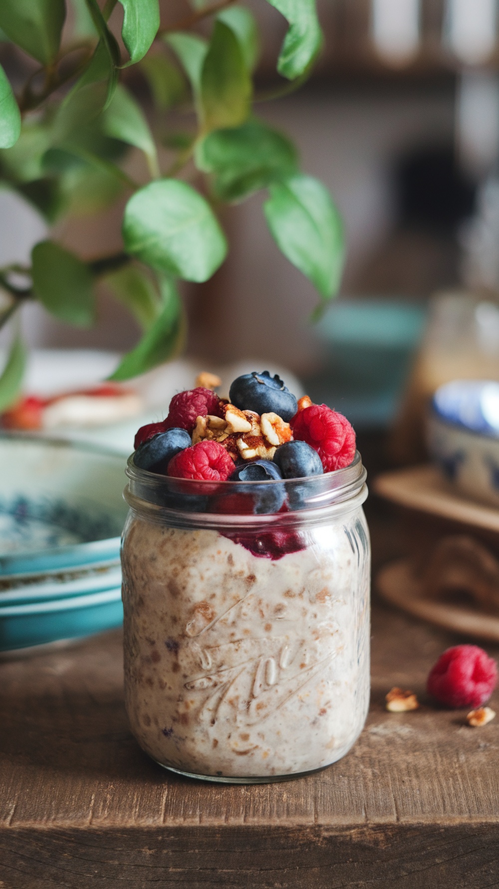 A jar of overnight oats topped with fresh berries and nuts, placed on a wooden surface.