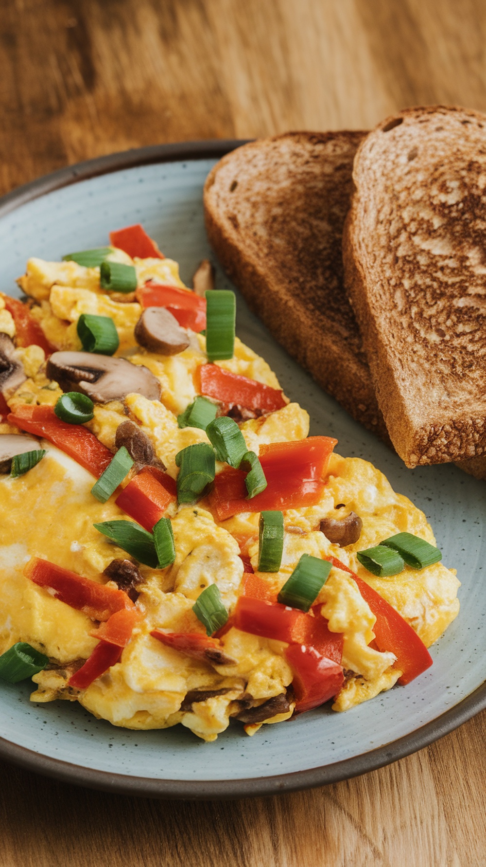 A plate of egg white and veggie scramble with red bell peppers, mushrooms, and green onions, served with toasted bread.