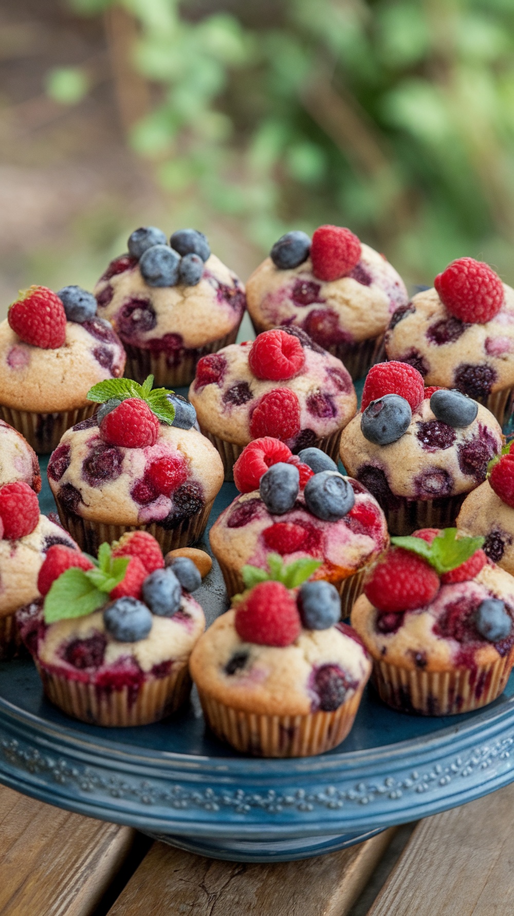 A plate of freshly baked berry medley muffins topped with raspberries and blueberries.