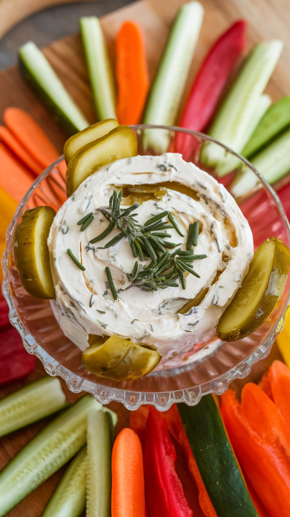 A bowl of Herbed Cream Cheese Pickle Roll Up Dip surrounded by colorful vegetables.
