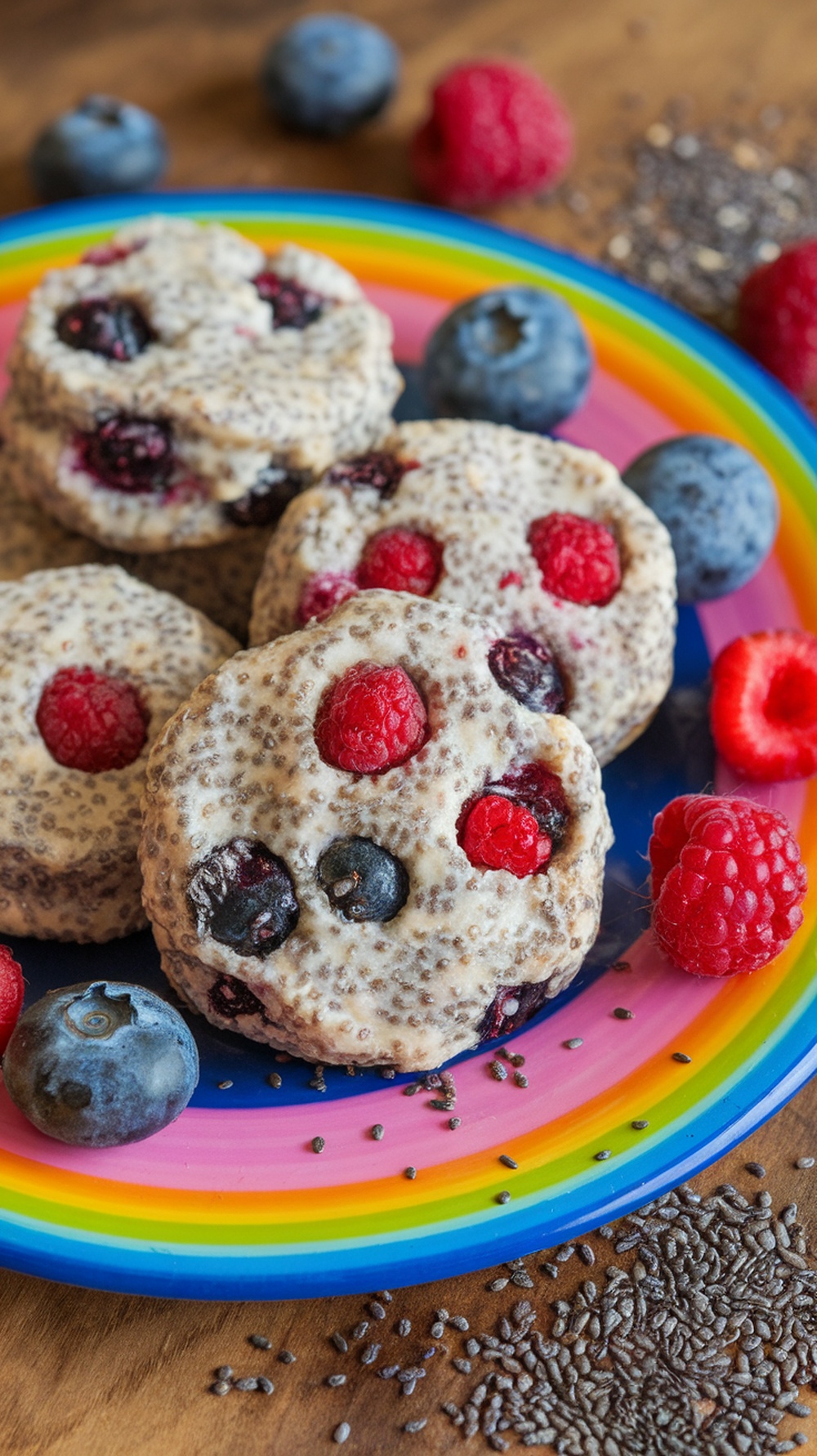 Chia seed and berry cookies on a colorful plate with fresh berries around them.