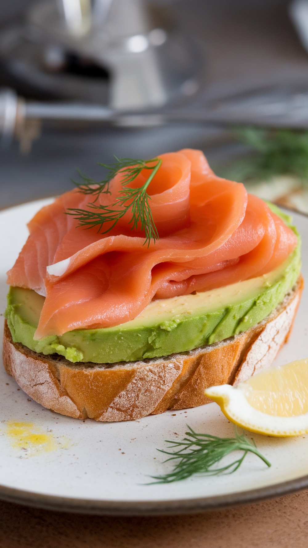 A slice of toasted bread topped with avocado and smoked salmon, garnished with dill and a lemon wedge.