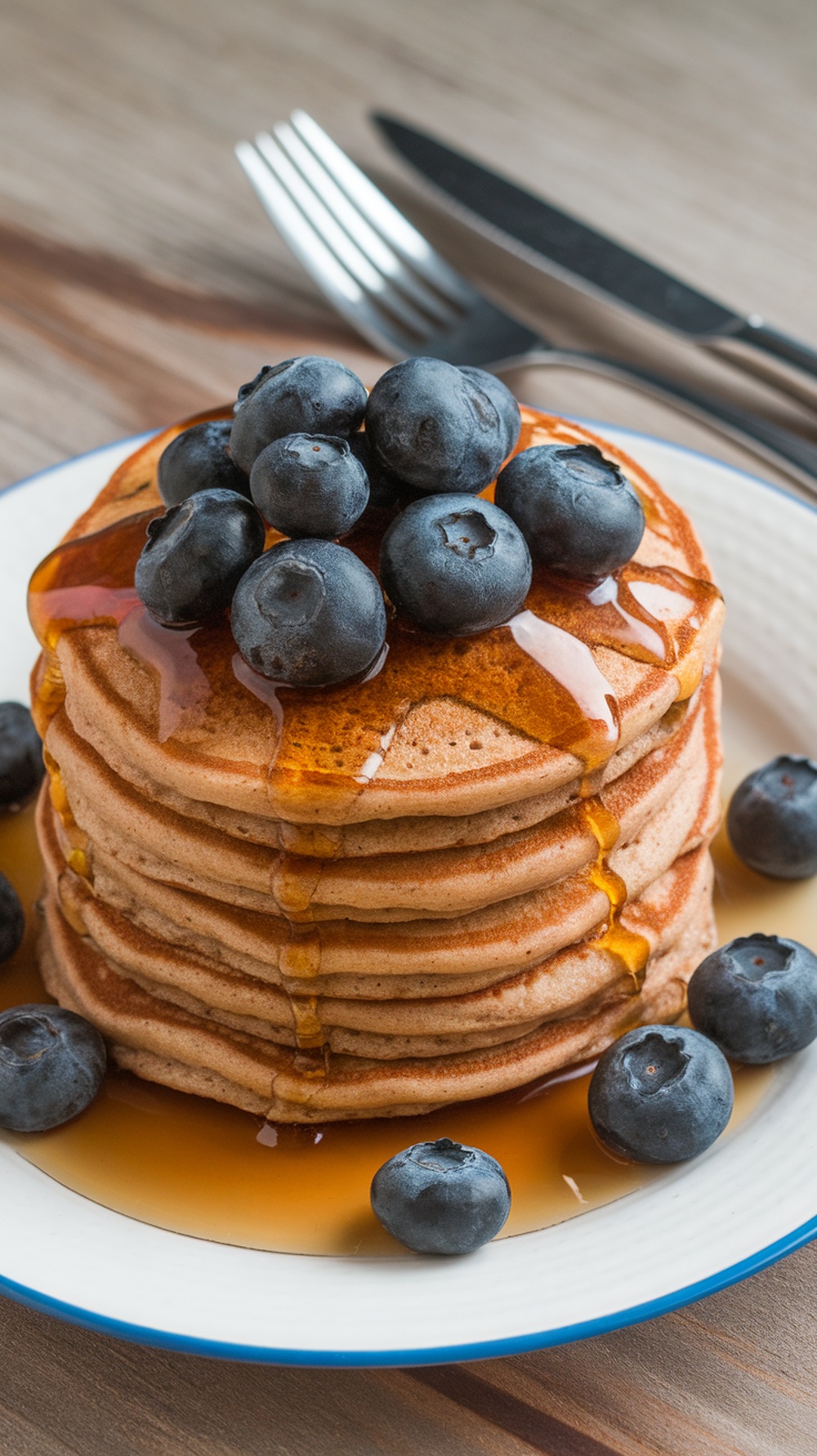 Stack of whole wheat pancakes topped with blueberries and maple syrup