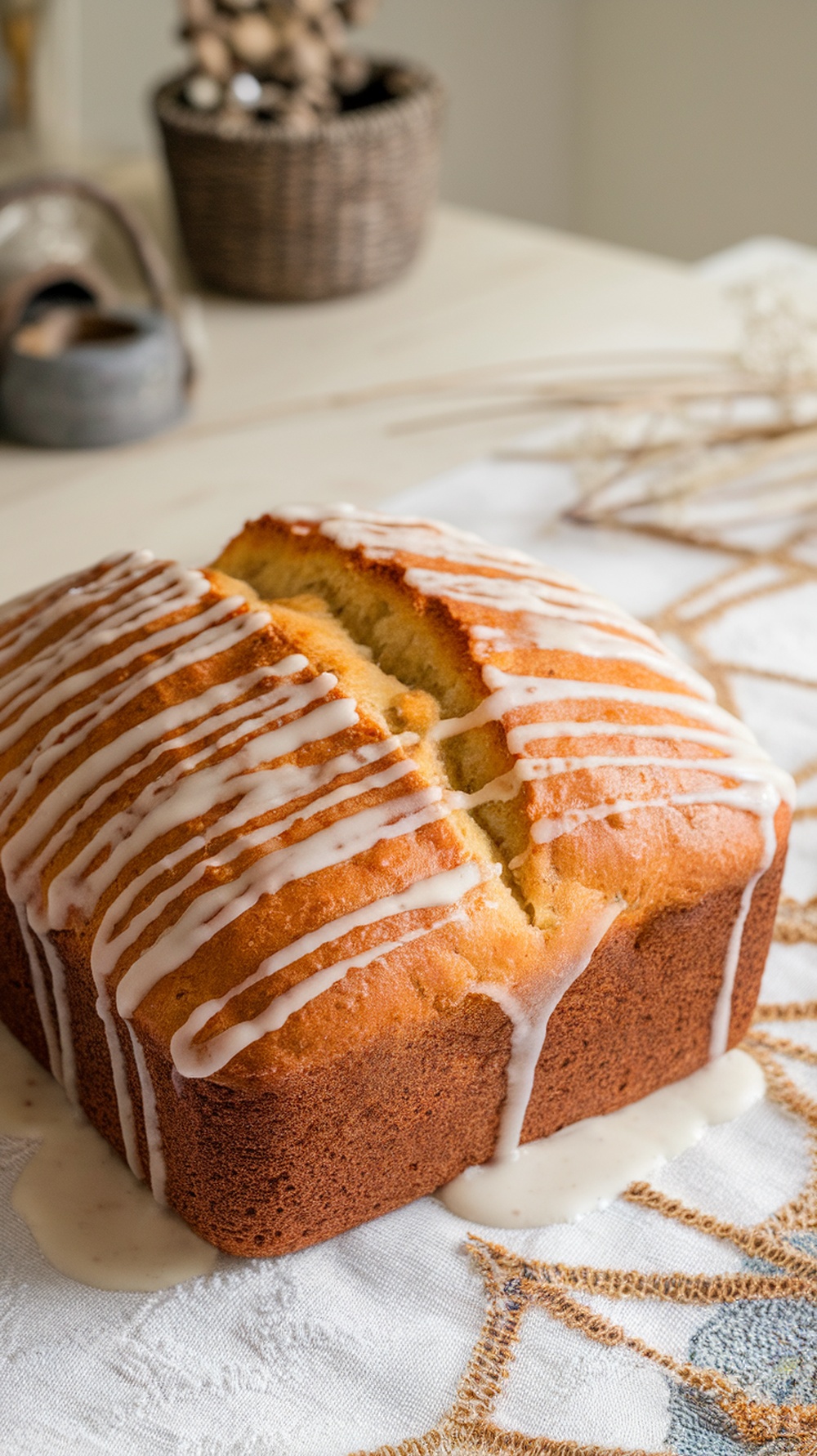 A freshly baked loaf of sweet dill pickle bread with a glaze on top