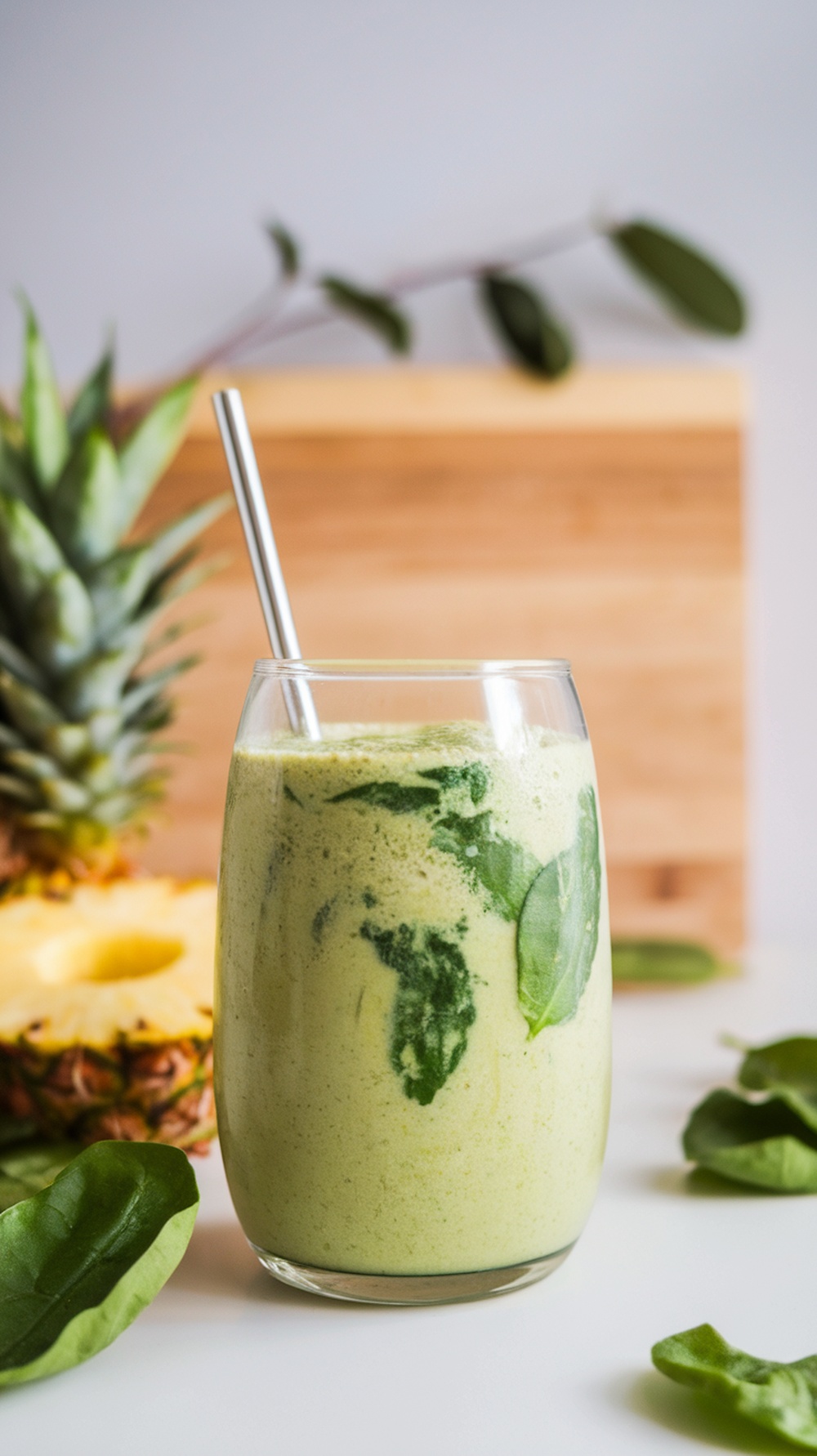 A refreshing green smoothie made with spinach and pineapple, served in a glass with a metal straw, surrounded by fresh pineapple and spinach leaves.