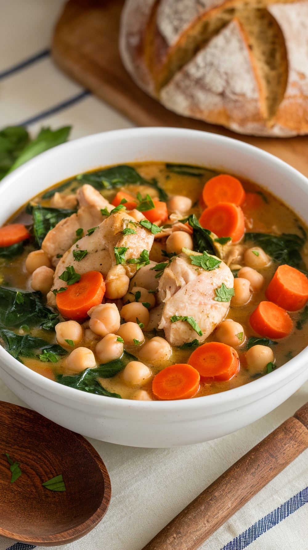 A hearty chicken and chickpea stew with carrots and spinach, garnished with parsley, served in a rustic bowl with bread.