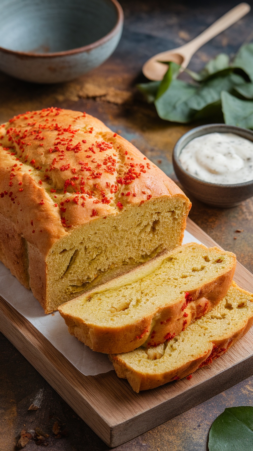 A loaf of spicy dill pickle bread with red flecks on top, sliced on a wooden board, with a bowl of dip in the background.