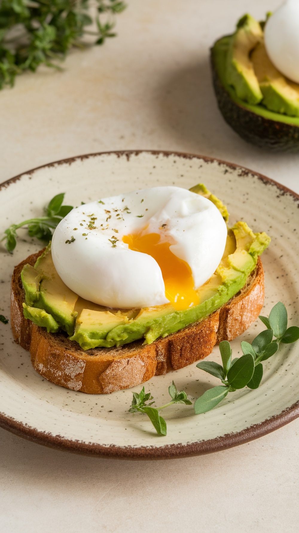 A plate of avocado toast topped with a poached egg, garnished with herbs.