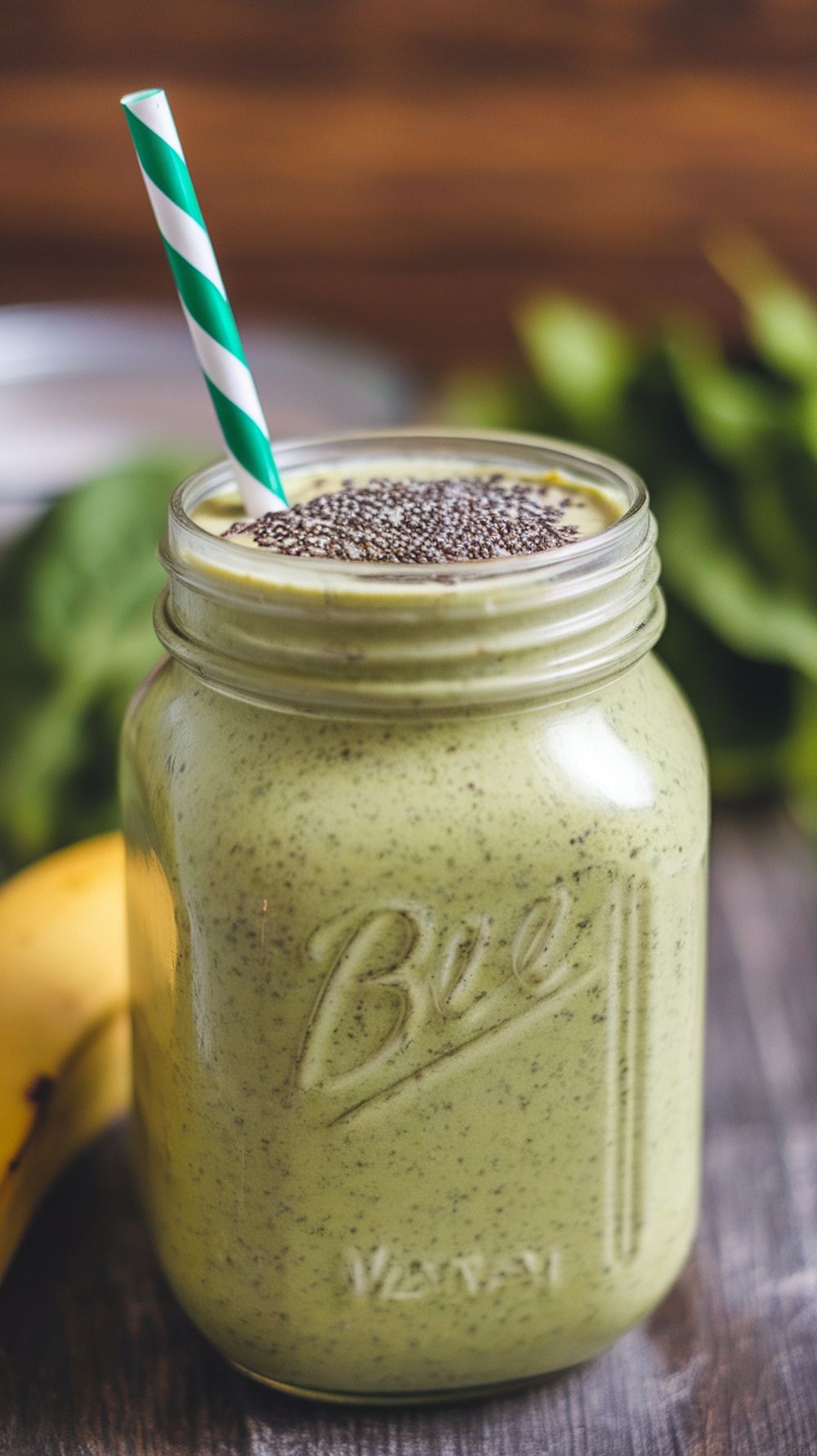 A green smoothie in a mason jar with a striped straw, topped with chia seeds, surrounded by fresh spinach and a banana.