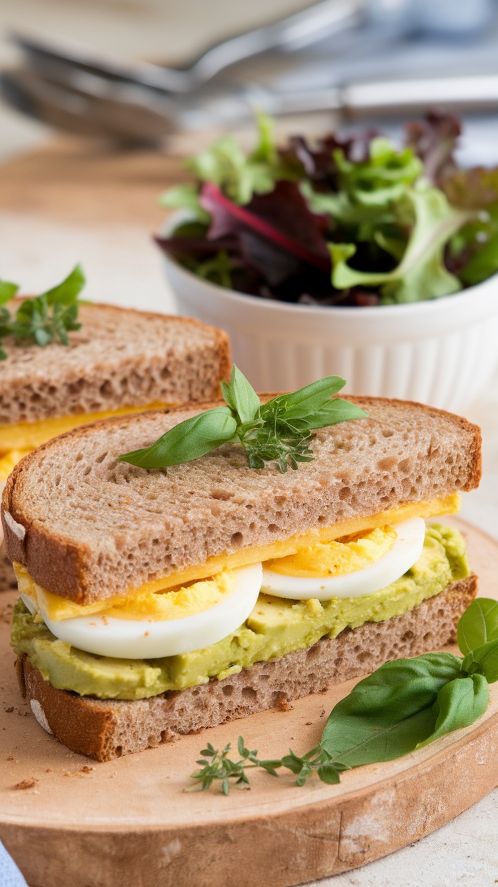 A delicious avocado and egg white sandwich on whole grain bread with fresh herbs and a side of mixed greens.