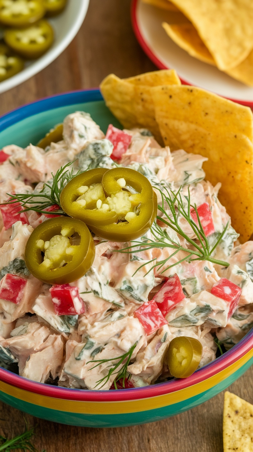 A colorful bowl of spicy dill pickle chicken salad with jalapeños, garnished with fresh dill and served with tortilla chips.