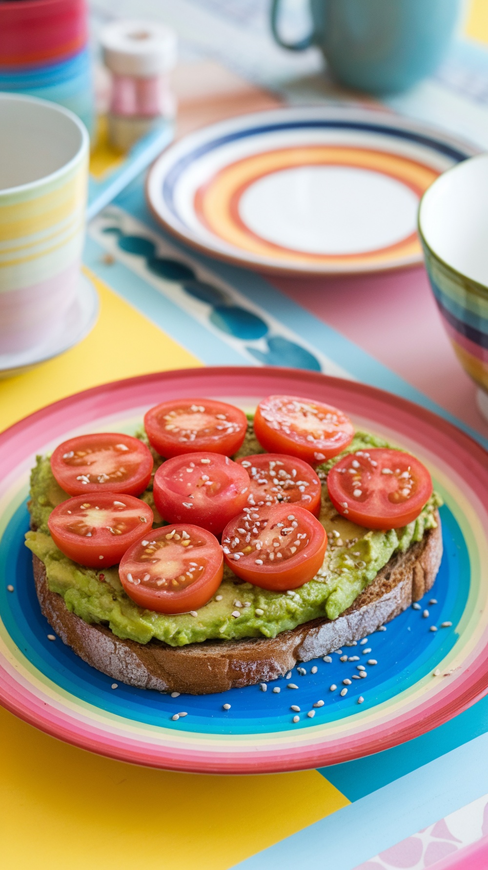 A colorful plate of avocado toast topped with cherry tomatoes, set on a vibrant table.