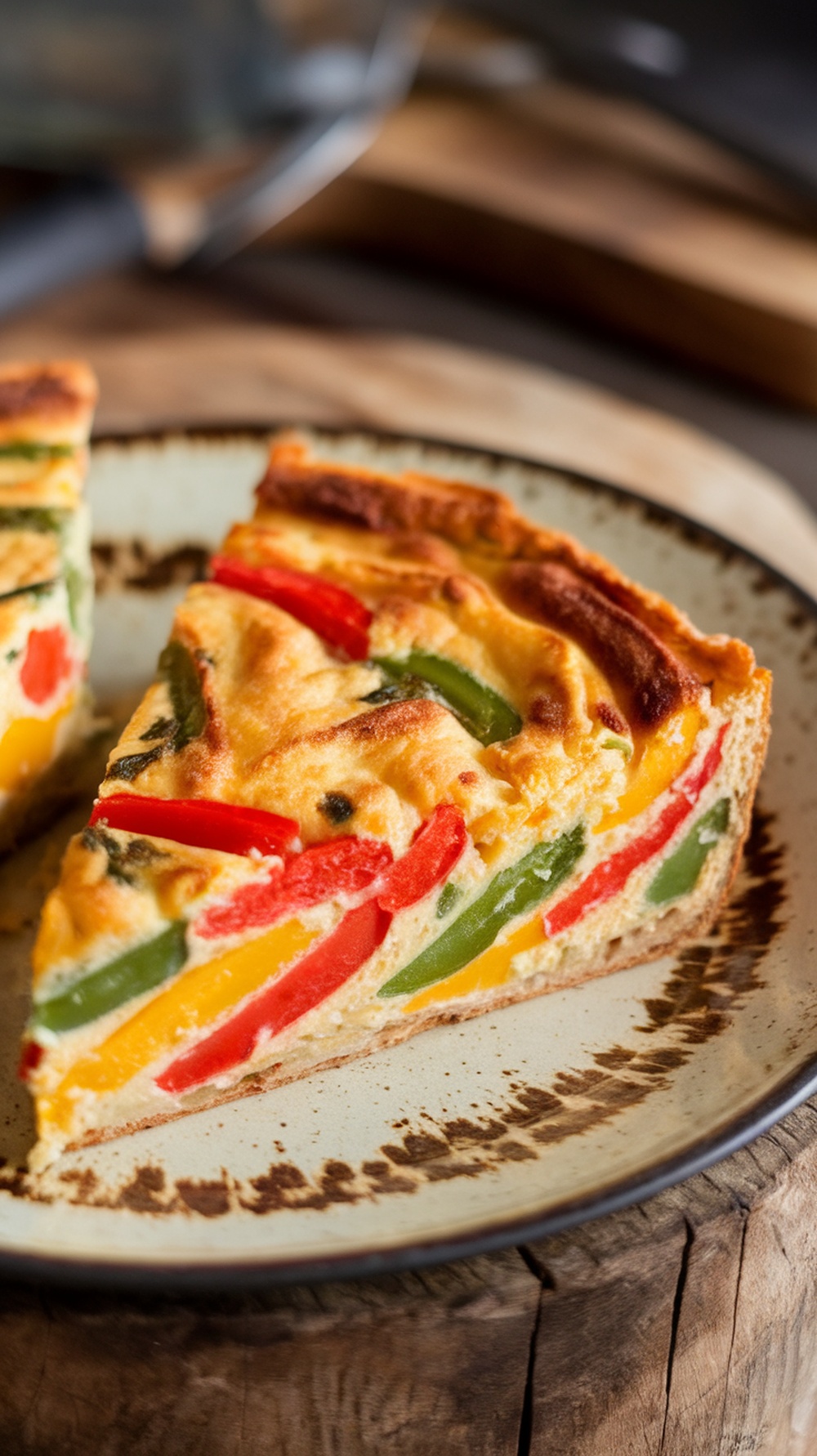 A slice of vegetable frittata with bell peppers on a rustic plate.