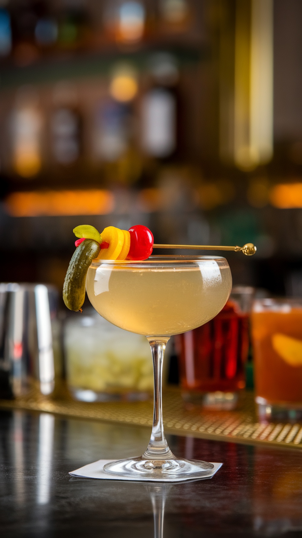 A Sweet and Sour Pickle Martini garnished with colorful fruit and a pickle