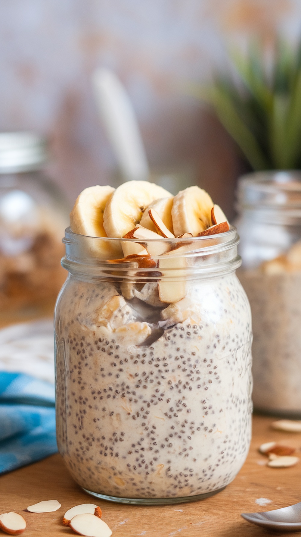 A jar of overnight oats with chia seeds topped with banana slices and almonds.