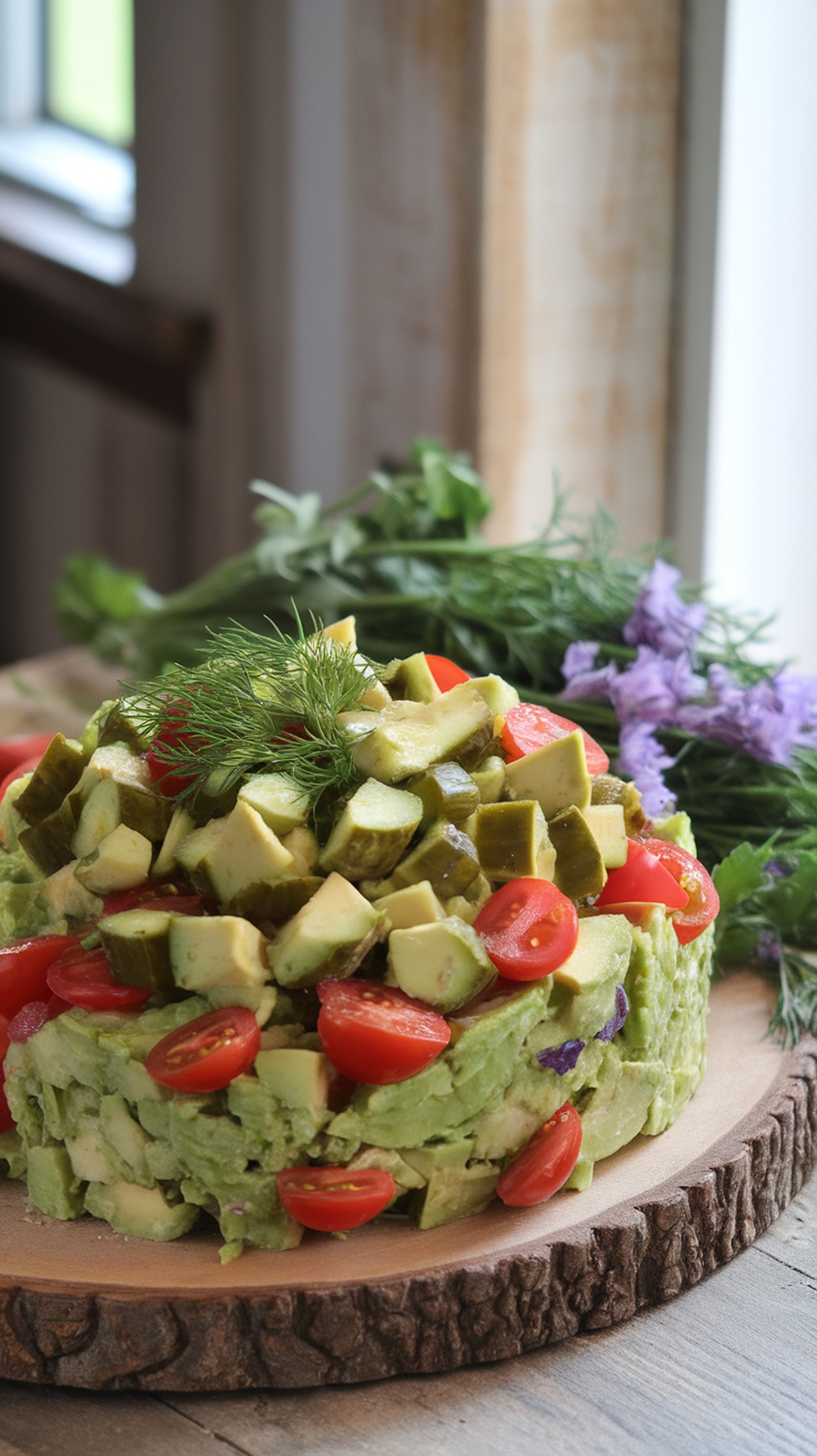 A colorful Dill Pickle and Avocado Salad with cherry tomatoes and fresh dill on a wooden platter.