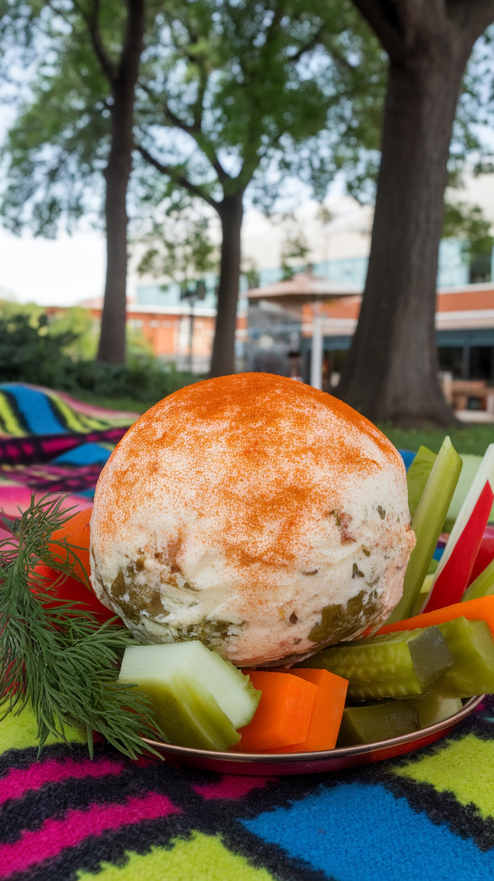 A Smoky Dill Pickle Cheese Ball topped with paprika, surrounded by fresh vegetables on a colorful blanket.