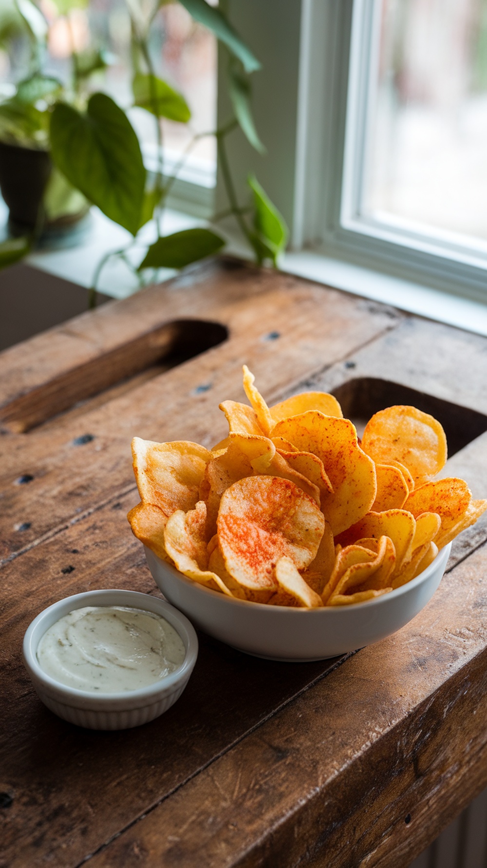 A bowl of spicy dill pickle chips with a creamy dipping sauce on a wooden table