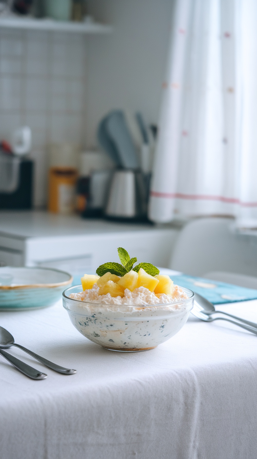 A bowl of cottage cheese topped with pineapple chunks and mint leaves on a table.