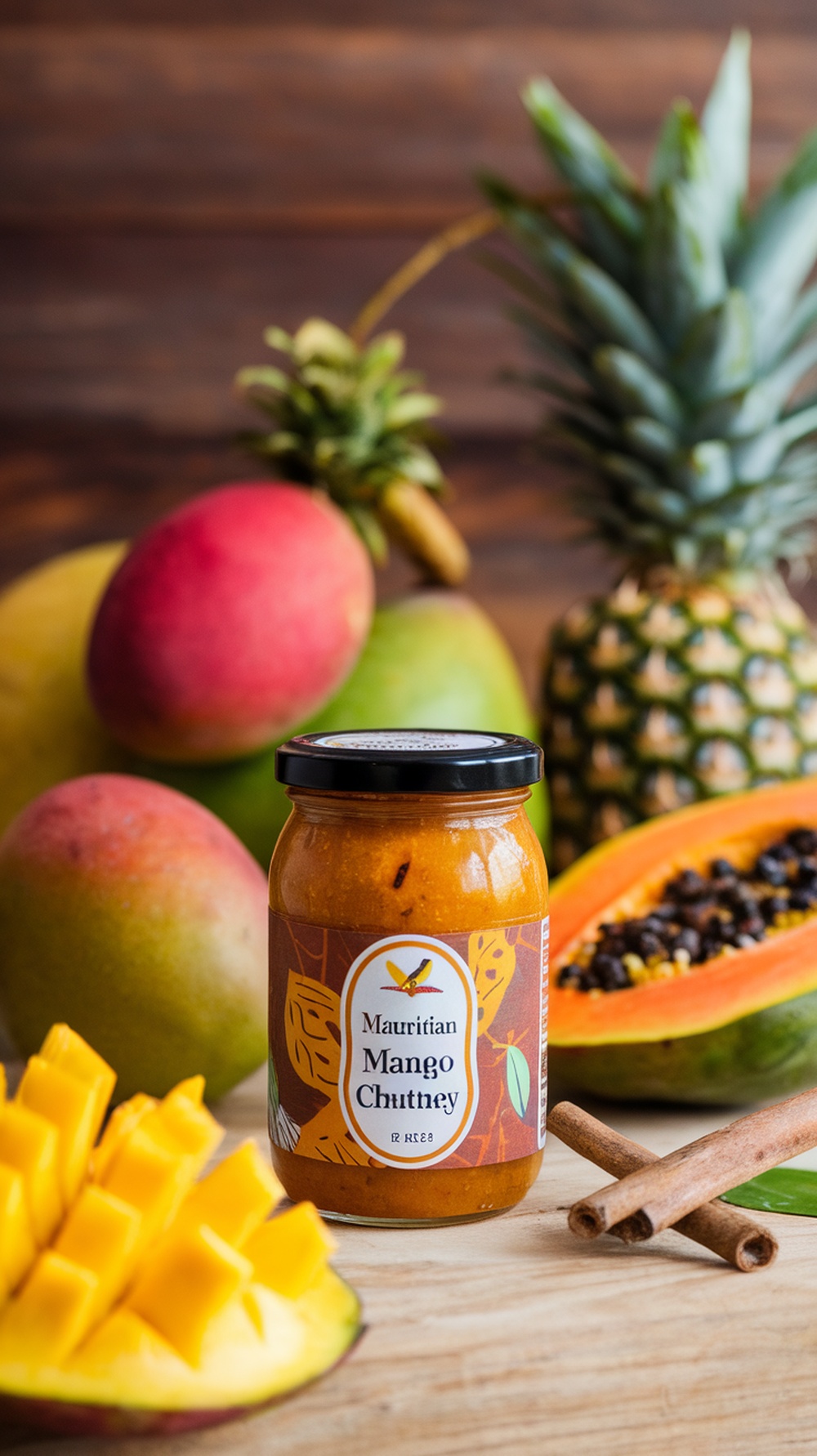 A jar of Mauritian mango chutney surrounded by fresh mangoes, papaya, and cinnamon sticks.