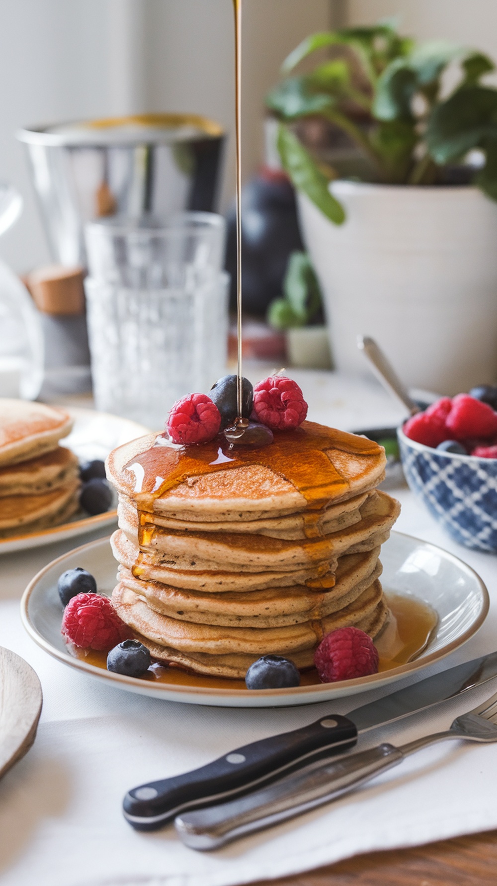 A stack of whole grain pancakes topped with maple syrup and fresh berries.