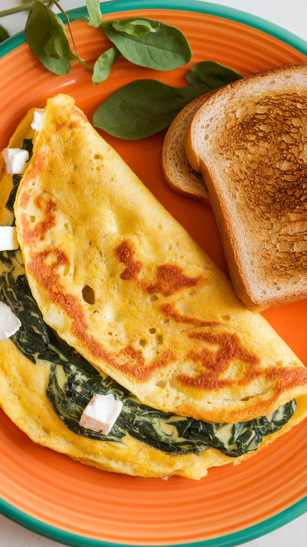 A colorful veggie omelette with spinach and feta served on an orange plate alongside toasted bread.