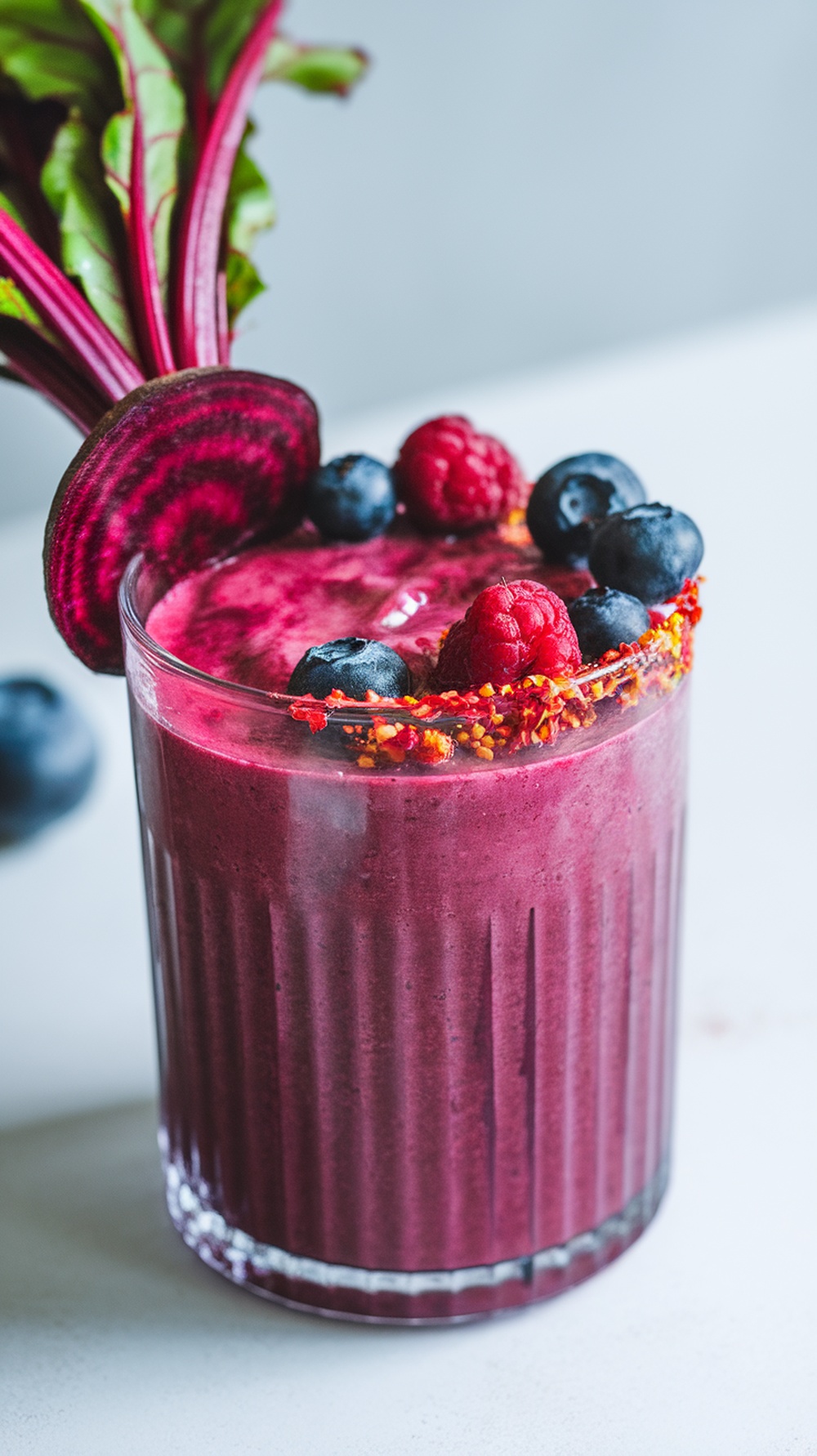 A vibrant Berry Beet Boost Smoothie topped with fresh raspberries and blueberries, showcasing its rich color and healthy ingredients.