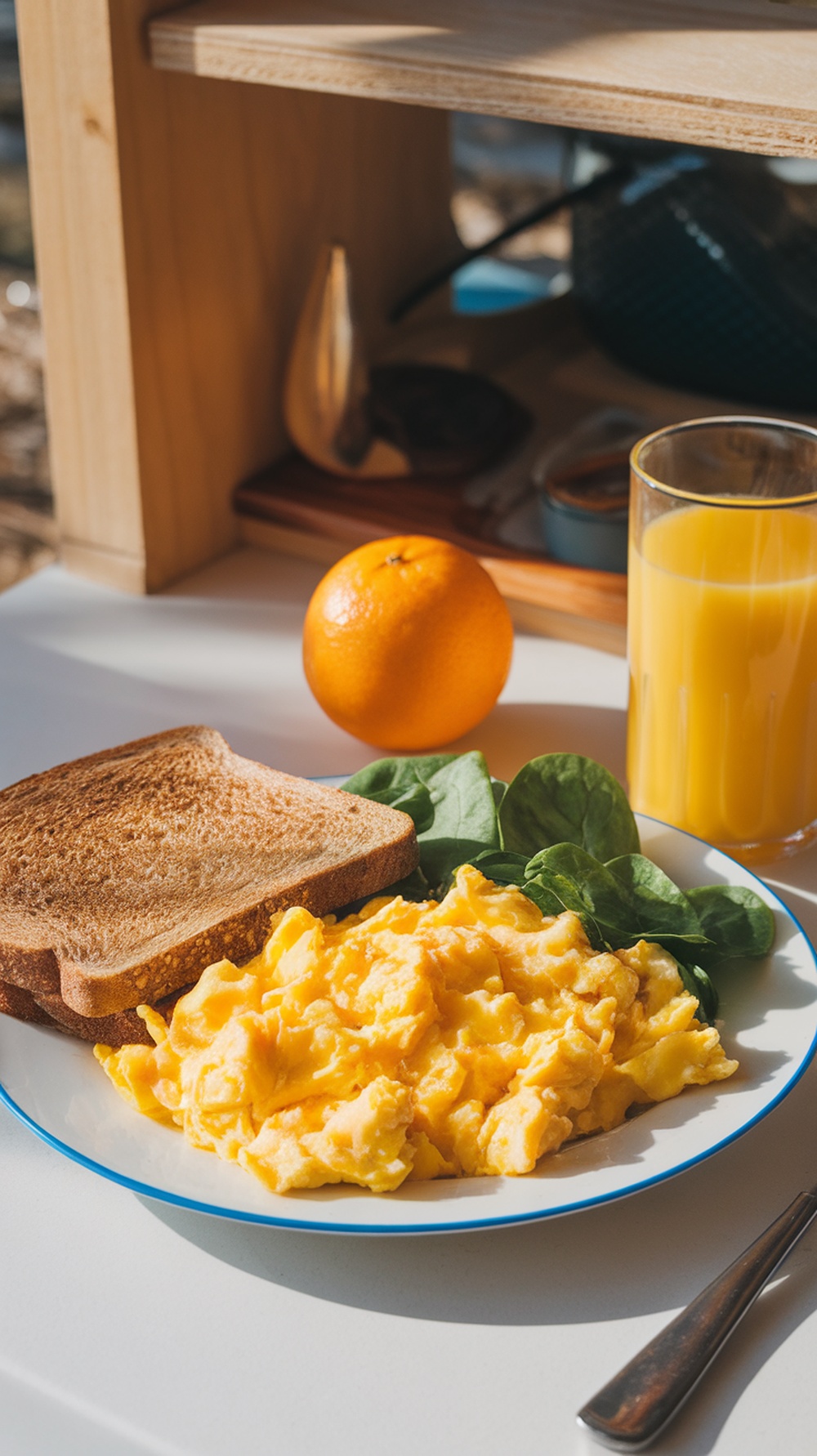 A plate of scrambled eggs with spinach, a slice of toast, an orange, and a glass of orange juice.