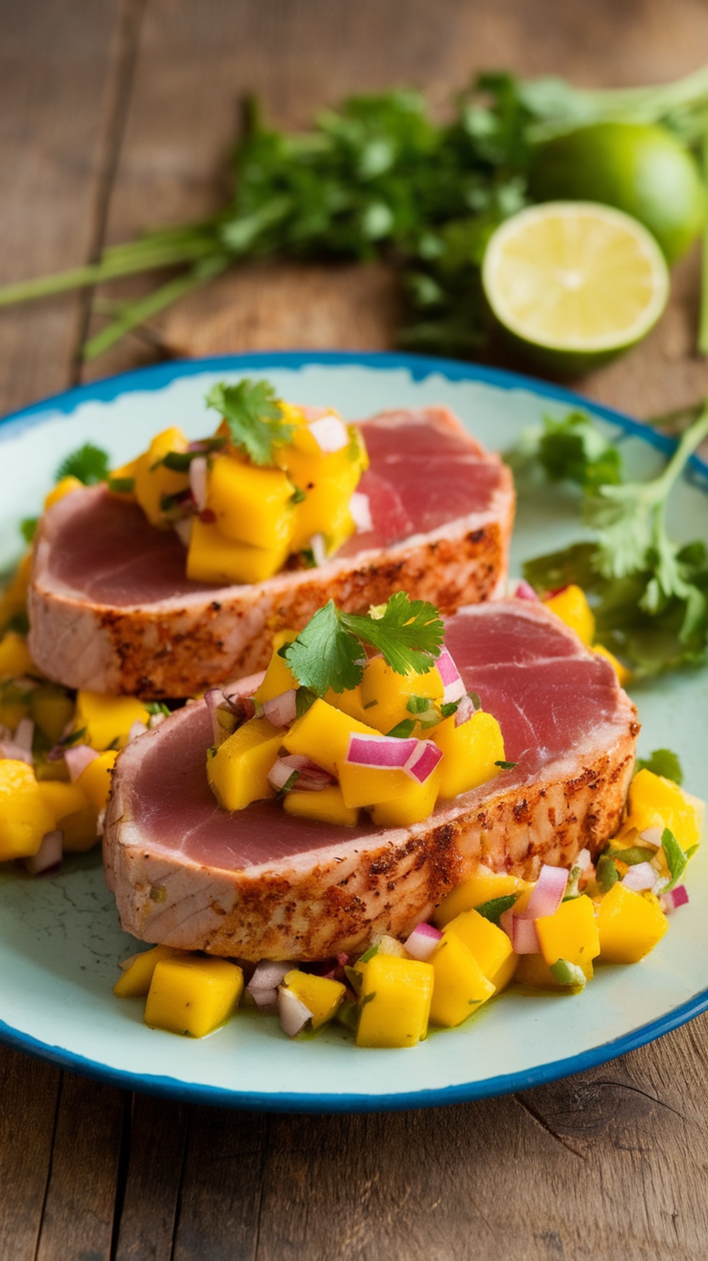 Seared tuna steaks topped with mango salsa, served on a rustic table with lime and herbs.
