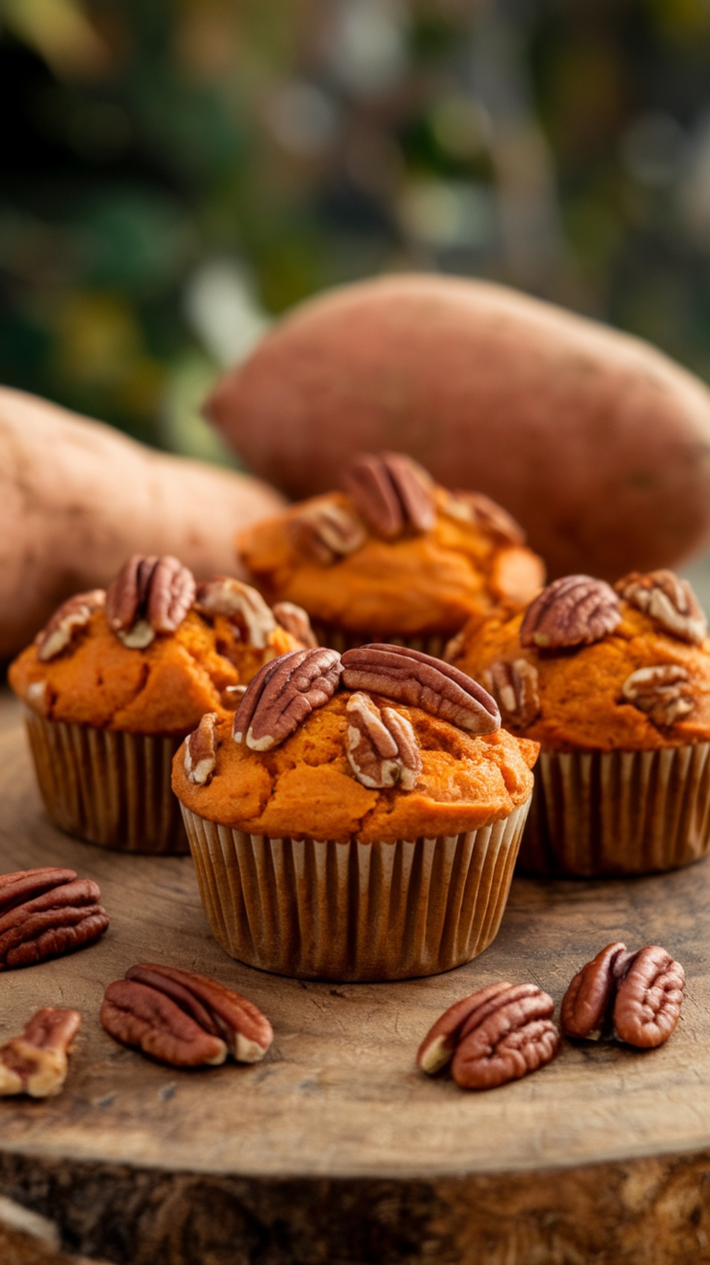 Delicious sweet potato muffins topped with pecans, placed on a wooden surface with sweet potatoes in the background.