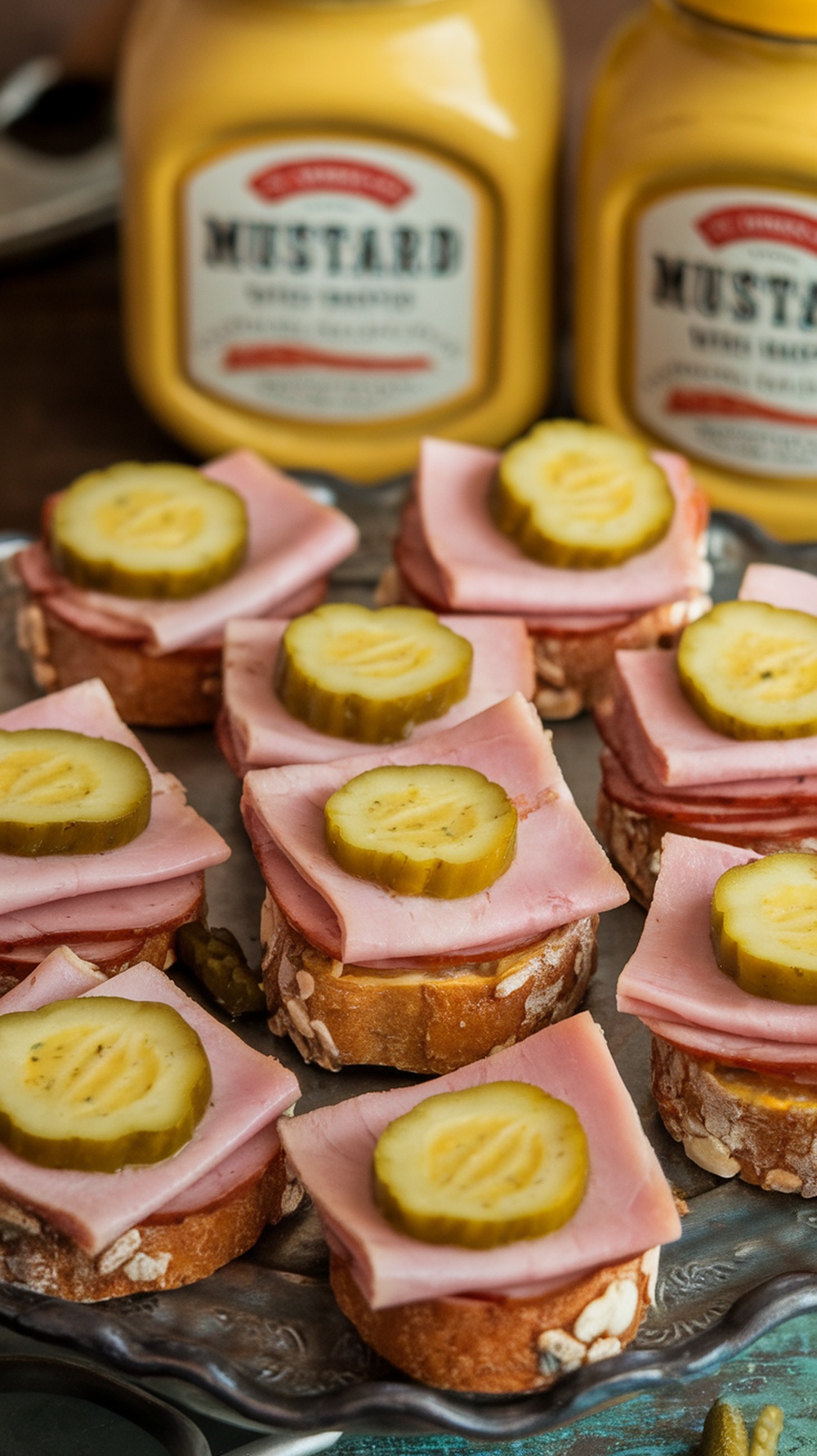A platter of Dijon mustard ham and pickle bites with jars of mustard in the background.