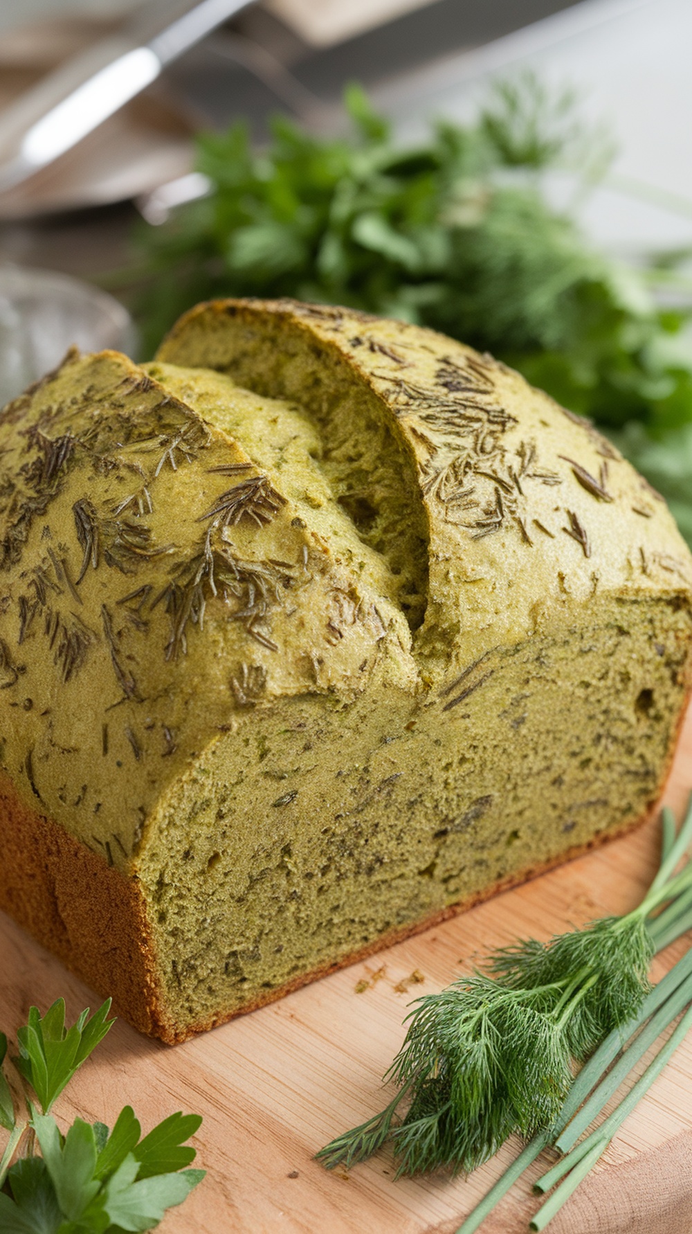 A loaf of herbed dill pickle bread with fresh herbs around it.