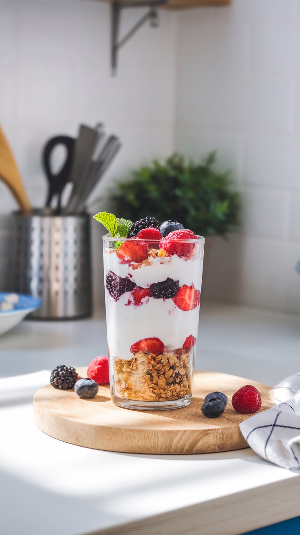 A Greek yogurt parfait with layers of yogurt, granola, and mixed berries, garnished with a mint leaf.