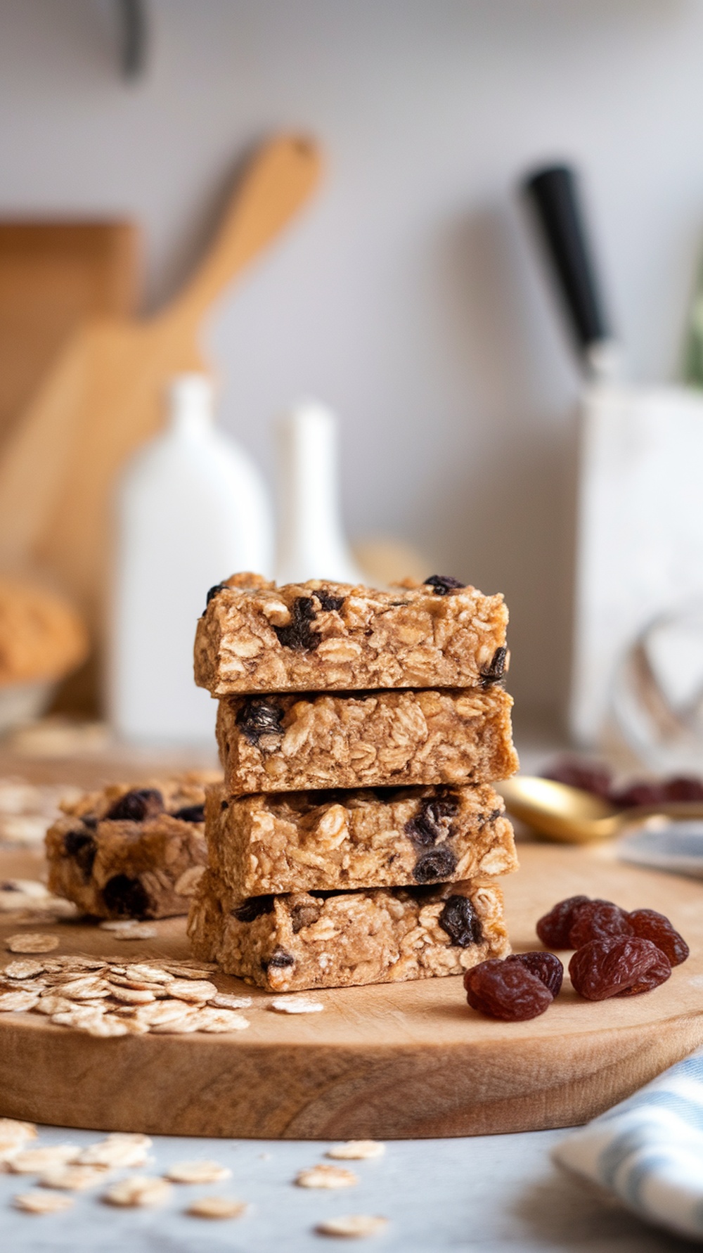 A stack of oatmeal raisin protein bars on a wooden cutting board with oats and raisins scattered around.