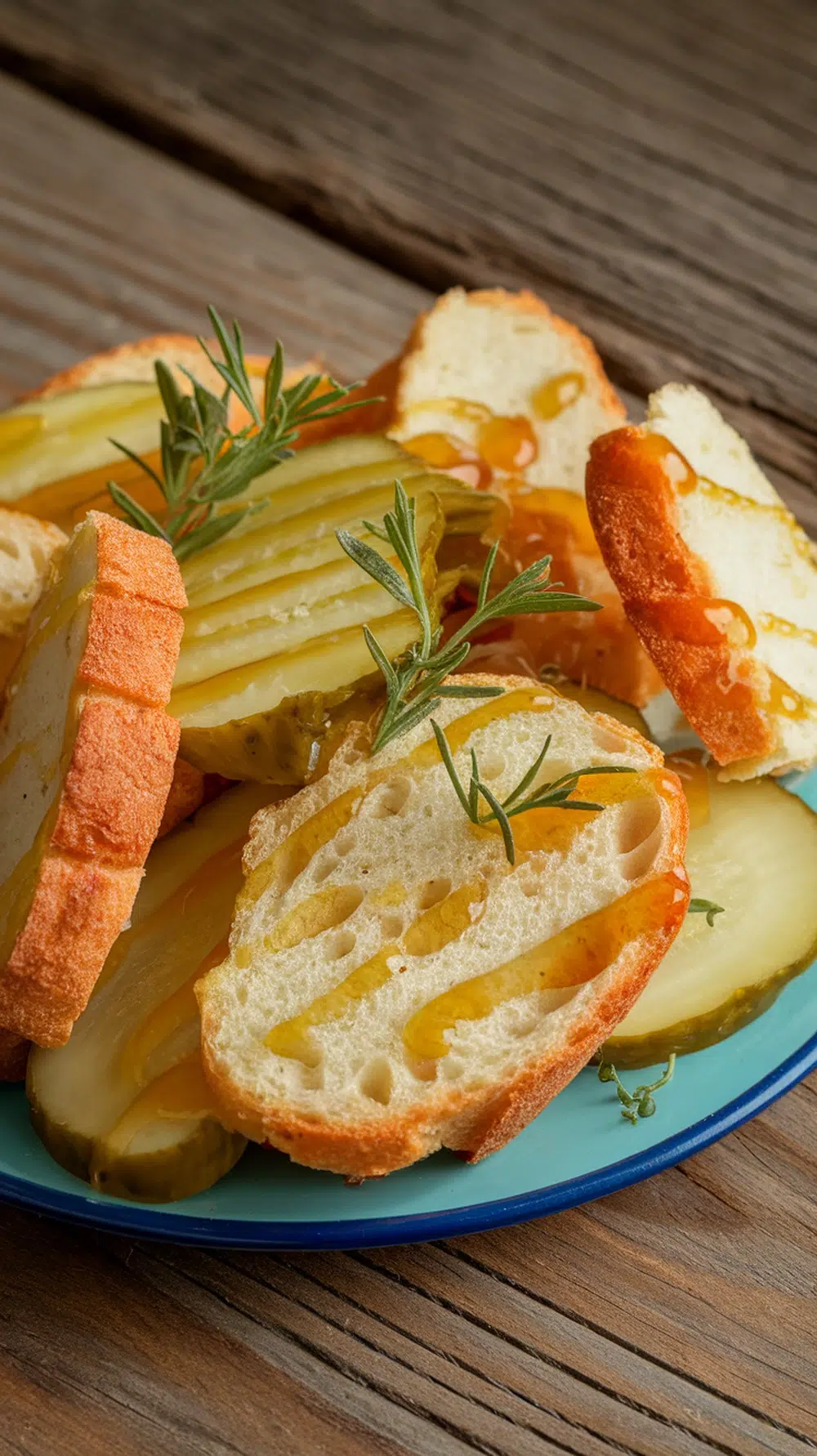A plate of sweet bread and butter pickle chips with fresh herbs.