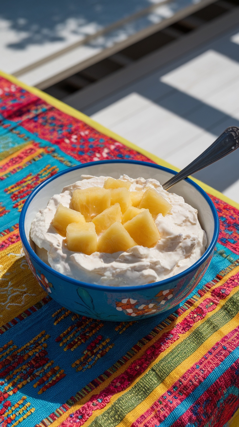 A colorful bowl of cottage cheese topped with diced pineapple, placed on a vibrant tablecloth.