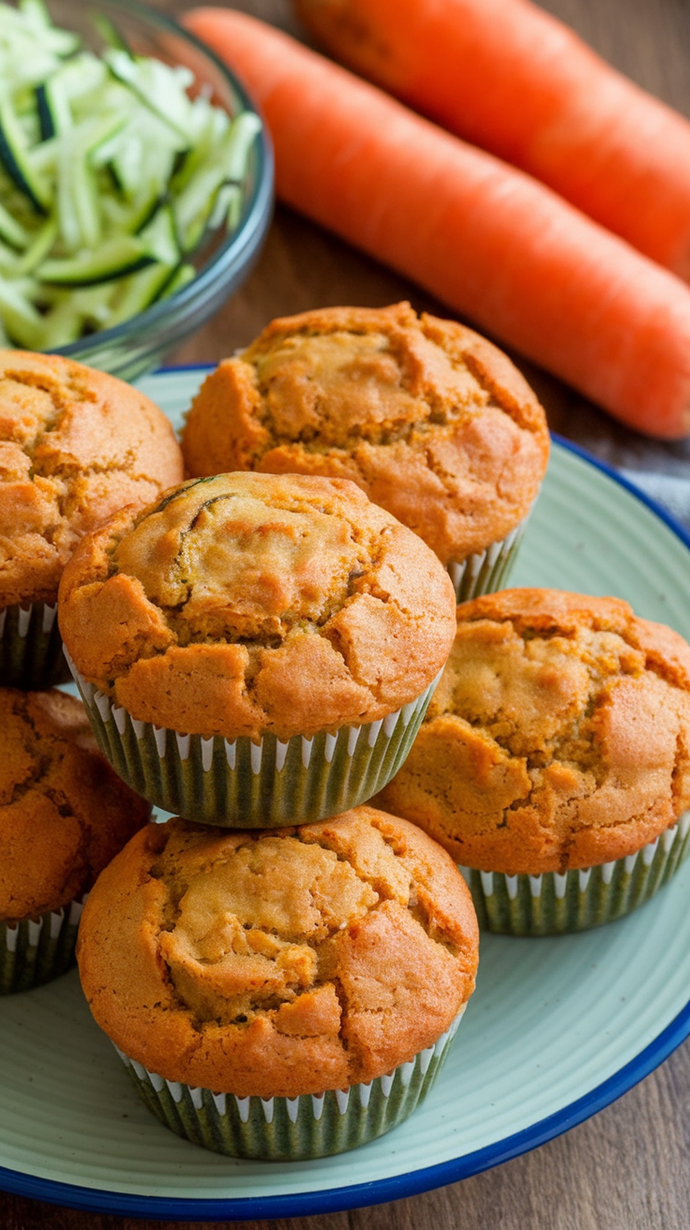 Freshly baked zucchini carrot muffins on a plate with grated zucchini and carrots in the background.