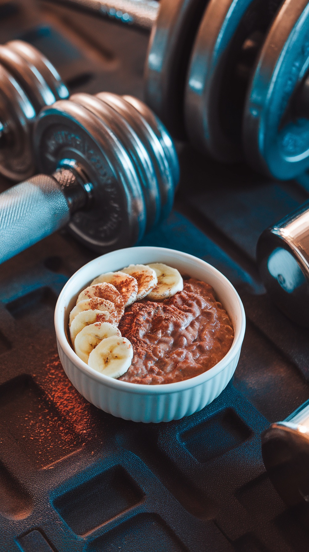 A bowl of chocolate banana protein oats topped with banana slices and cocoa powder, placed on a textured surface with weights in the background.