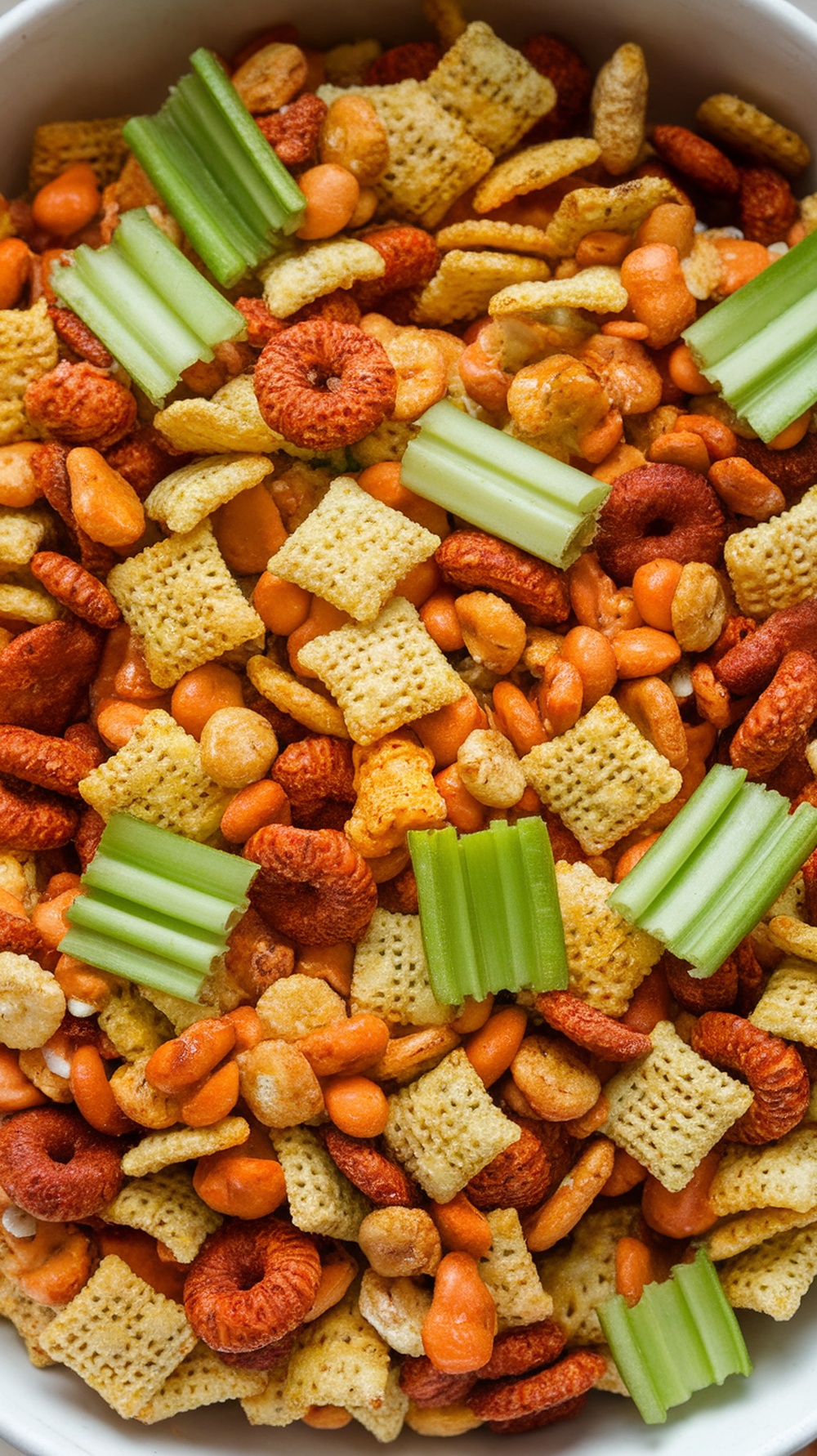 A colorful bowl of Buffalo Dill Pickle Chex Mix with Chex cereal, pretzels, nuts, and celery sticks.