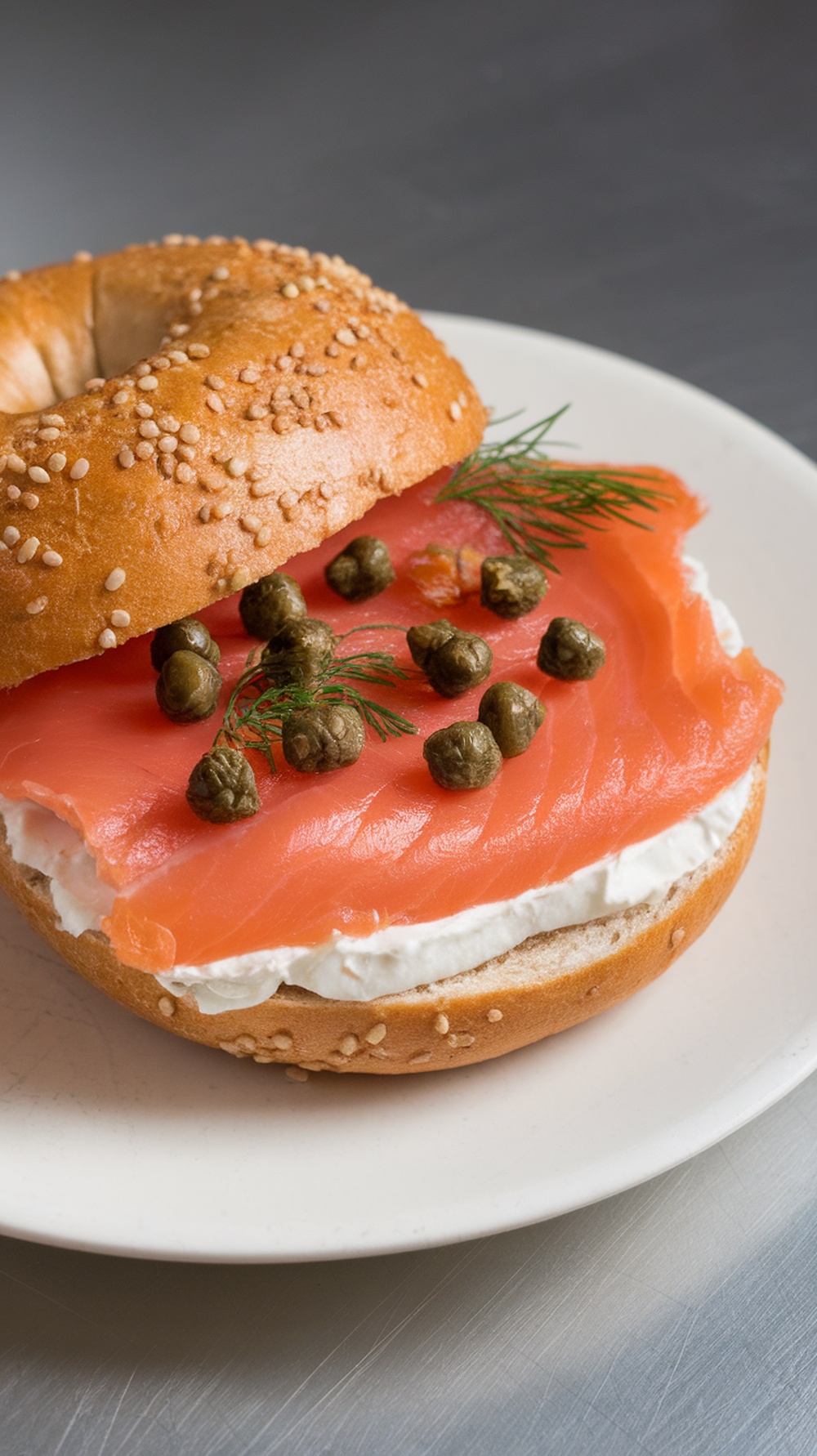 A smoked salmon and cream cheese bagel with capers and dill on a plate.