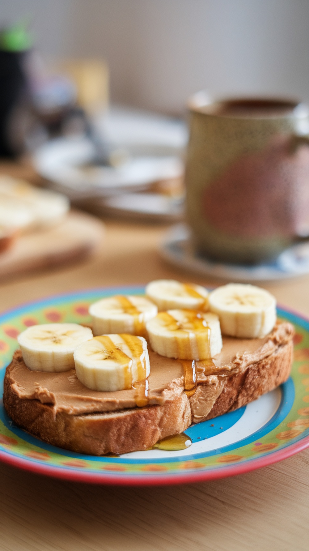 Peanut butter banana open-faced toast on a colorful plate with a cup of coffee in the background.